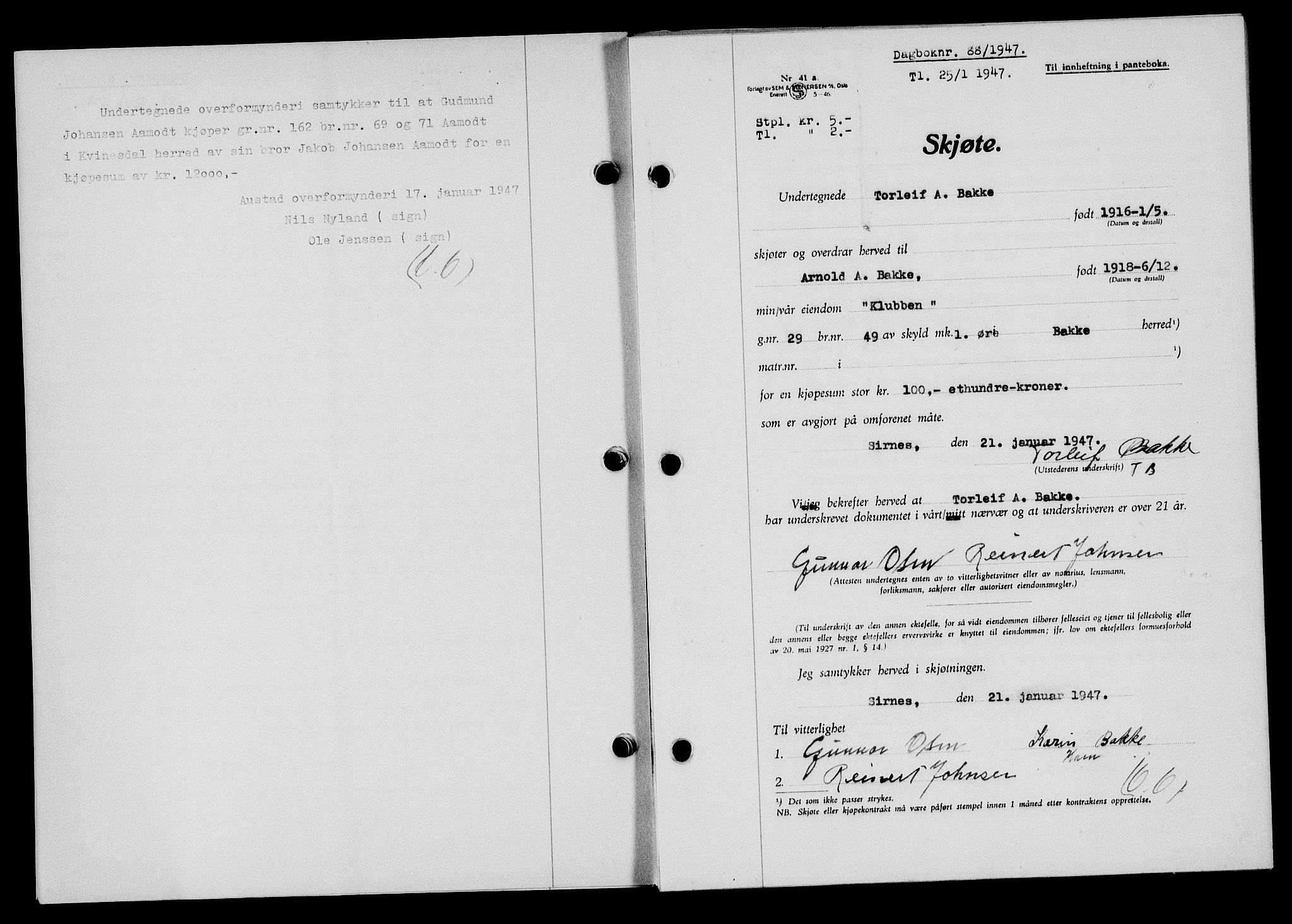 Flekkefjord sorenskriveri, SAK/1221-0001/G/Gb/Gba/L0061: Mortgage book no. A-9, 1946-1947, Diary no: : 88/1947