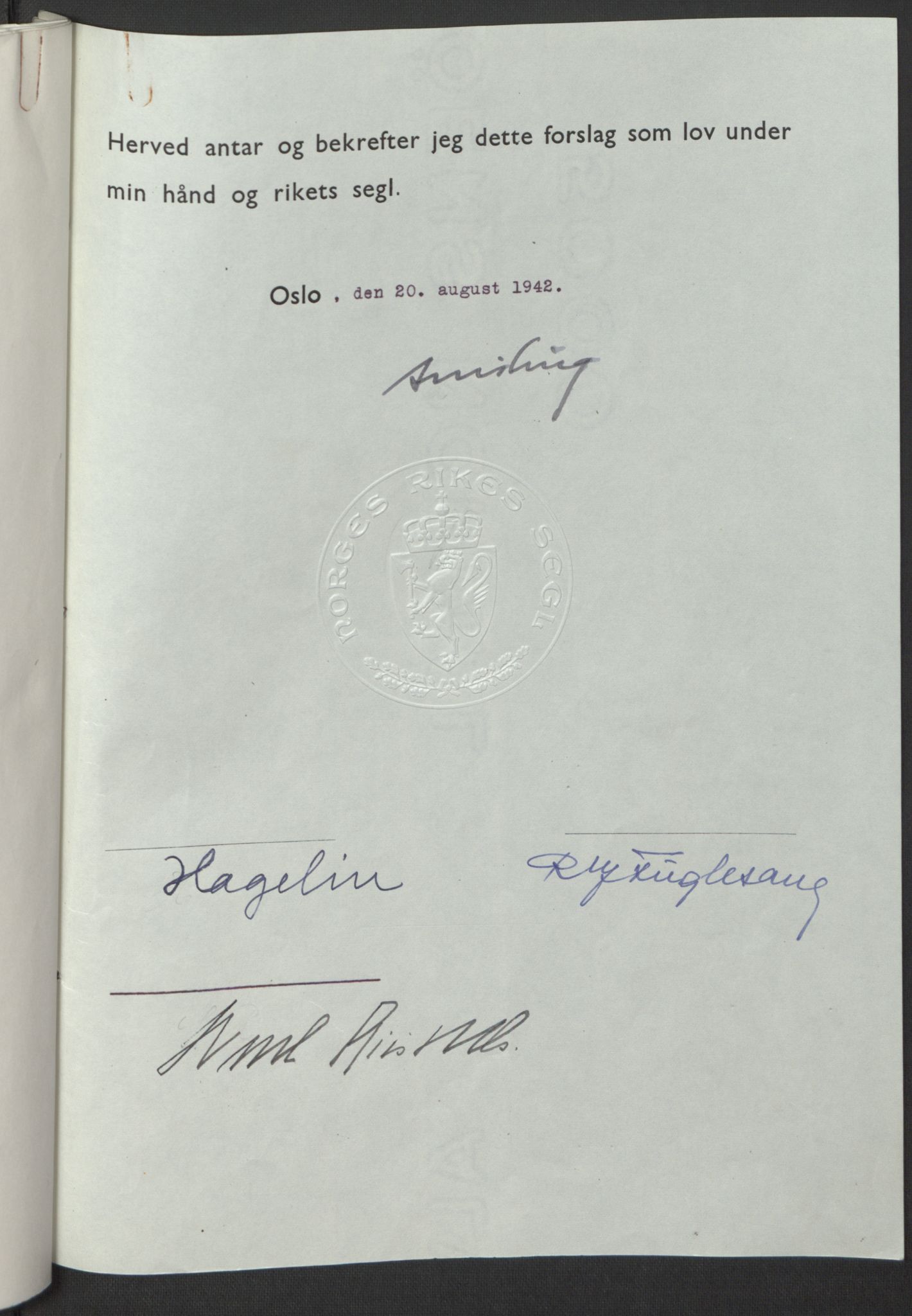 NS-administrasjonen 1940-1945 (Statsrådsekretariatet, de kommisariske statsråder mm), RA/S-4279/D/Db/L0098: Lover II, 1942, p. 340