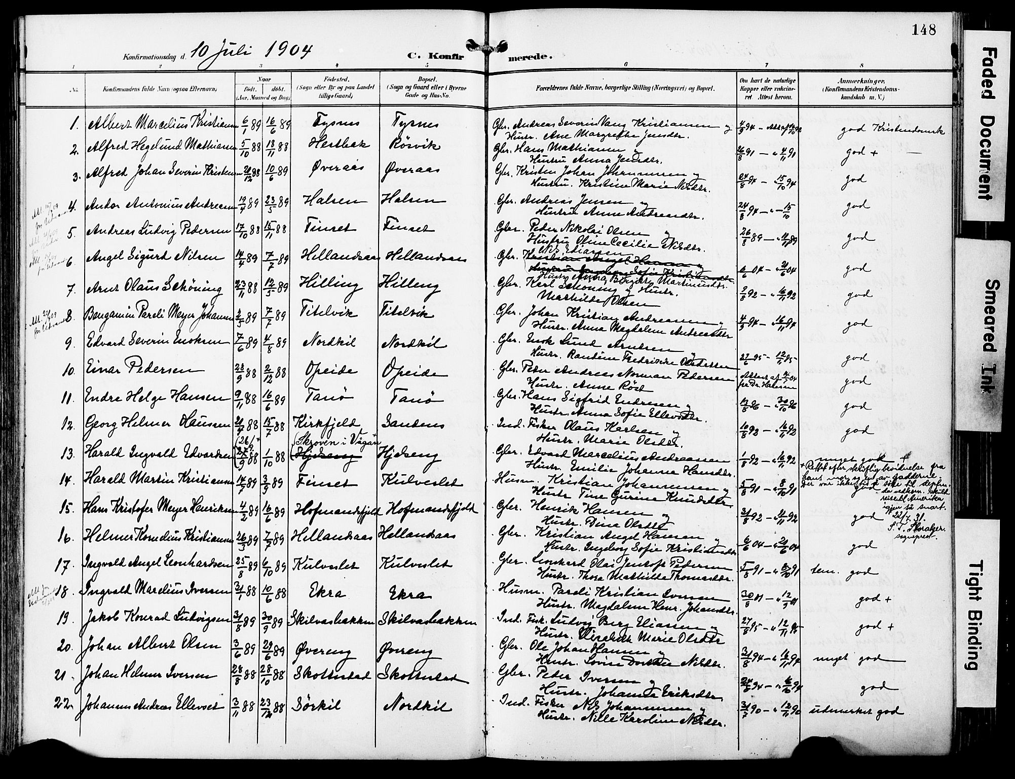 Ministerialprotokoller, klokkerbøker og fødselsregistre - Nordland, AV/SAT-A-1459/859/L0848: Parish register (official) no. 859A08, 1900-1912, p. 148