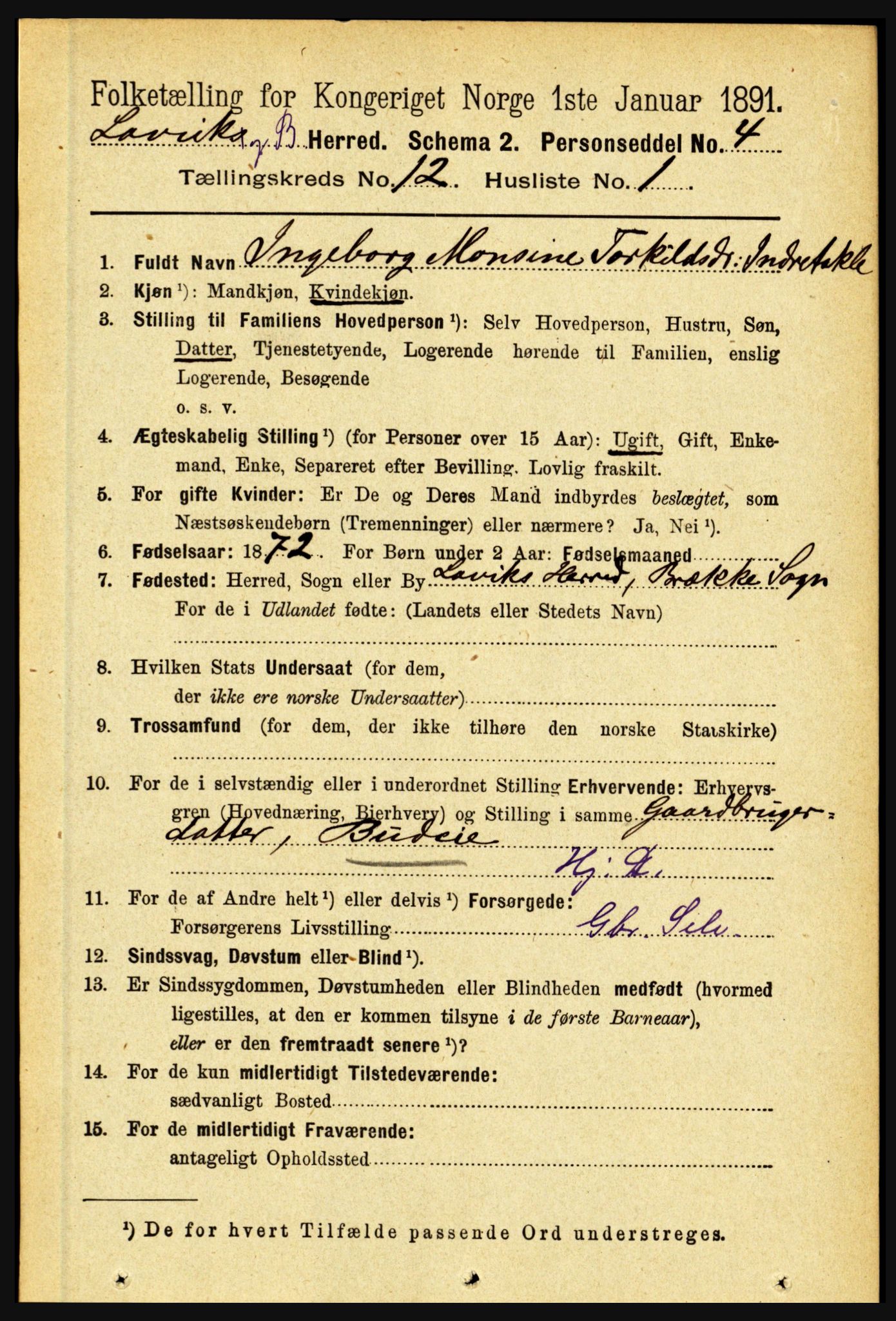 RA, 1891 census for 1415 Lavik og Brekke, 1891, p. 2353