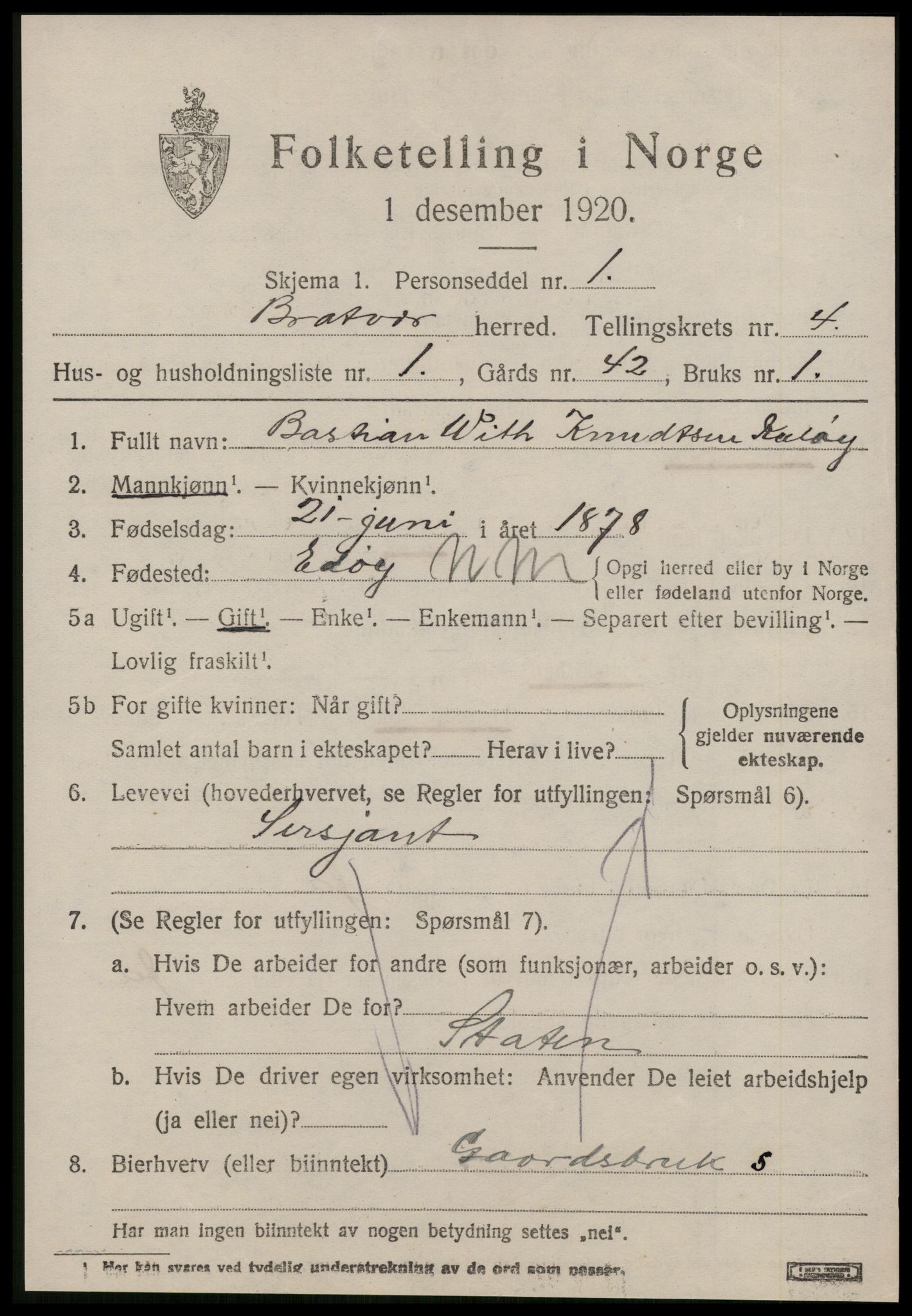 SAT, 1920 census for Brattvær, 1920, p. 1636