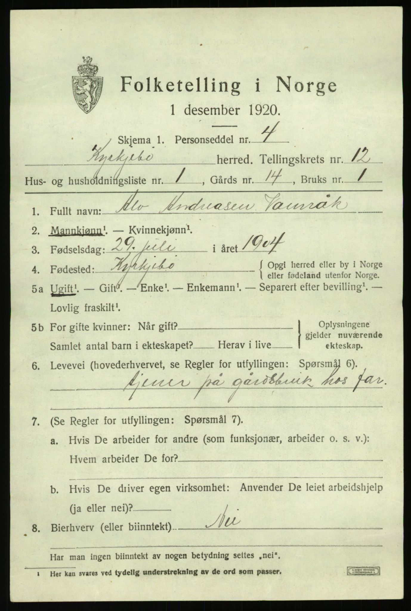 SAB, 1920 census for Kyrkjebø, 1920, p. 5863