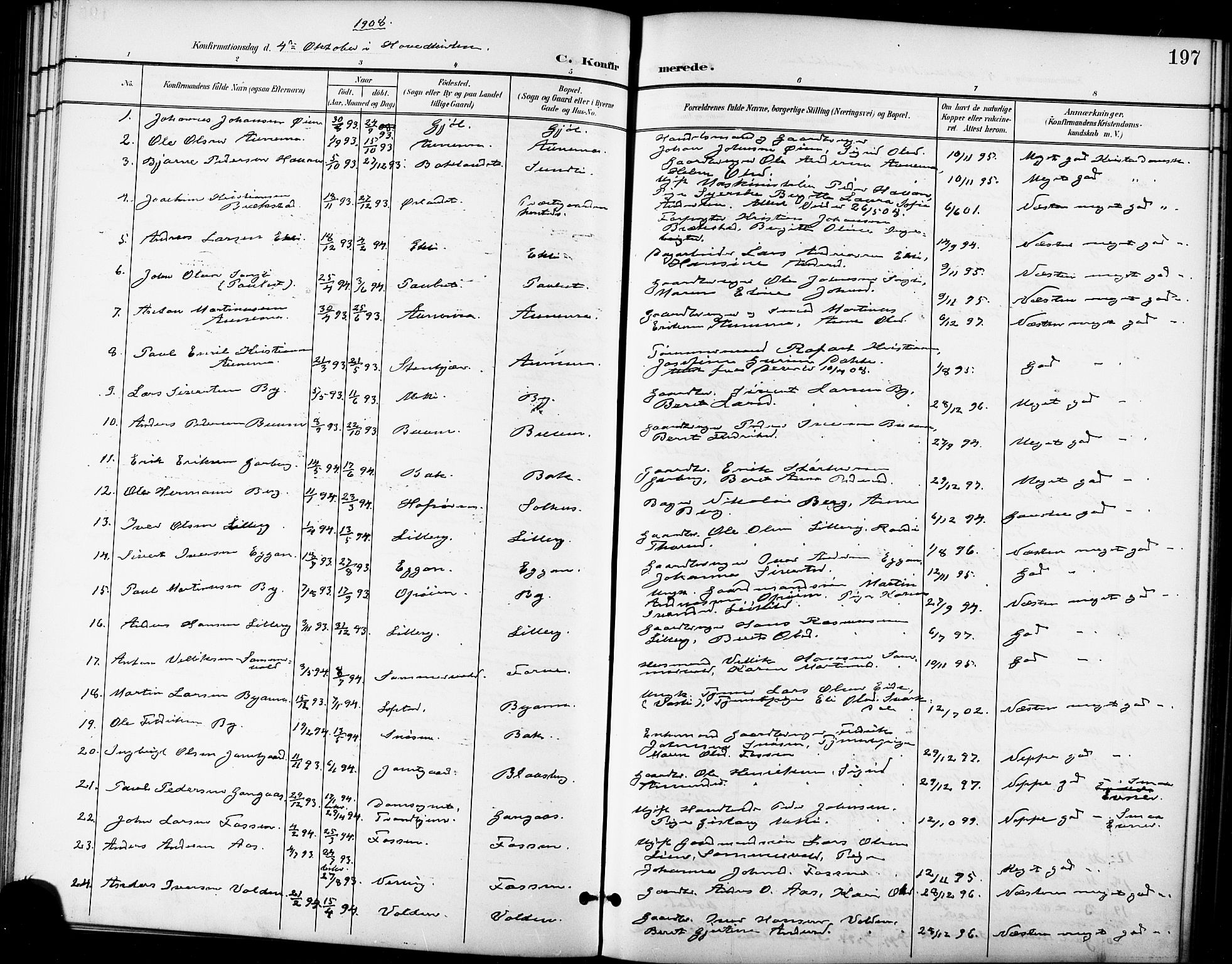 Ministerialprotokoller, klokkerbøker og fødselsregistre - Sør-Trøndelag, SAT/A-1456/668/L0819: Parish register (copy) no. 668C08, 1899-1912, p. 197