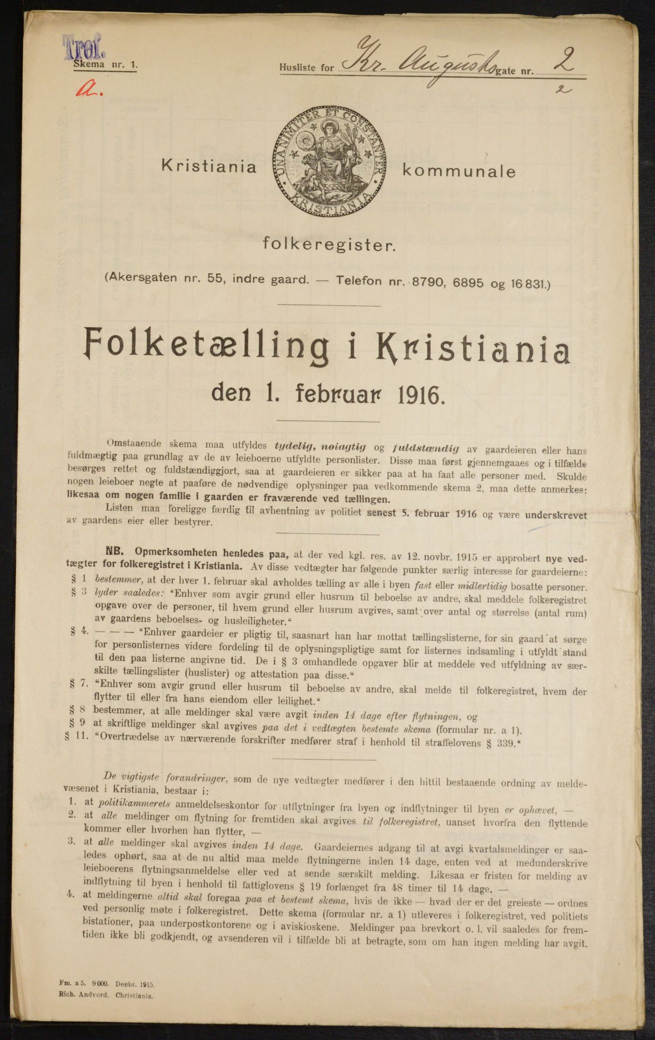 OBA, Municipal Census 1916 for Kristiania, 1916, p. 55085