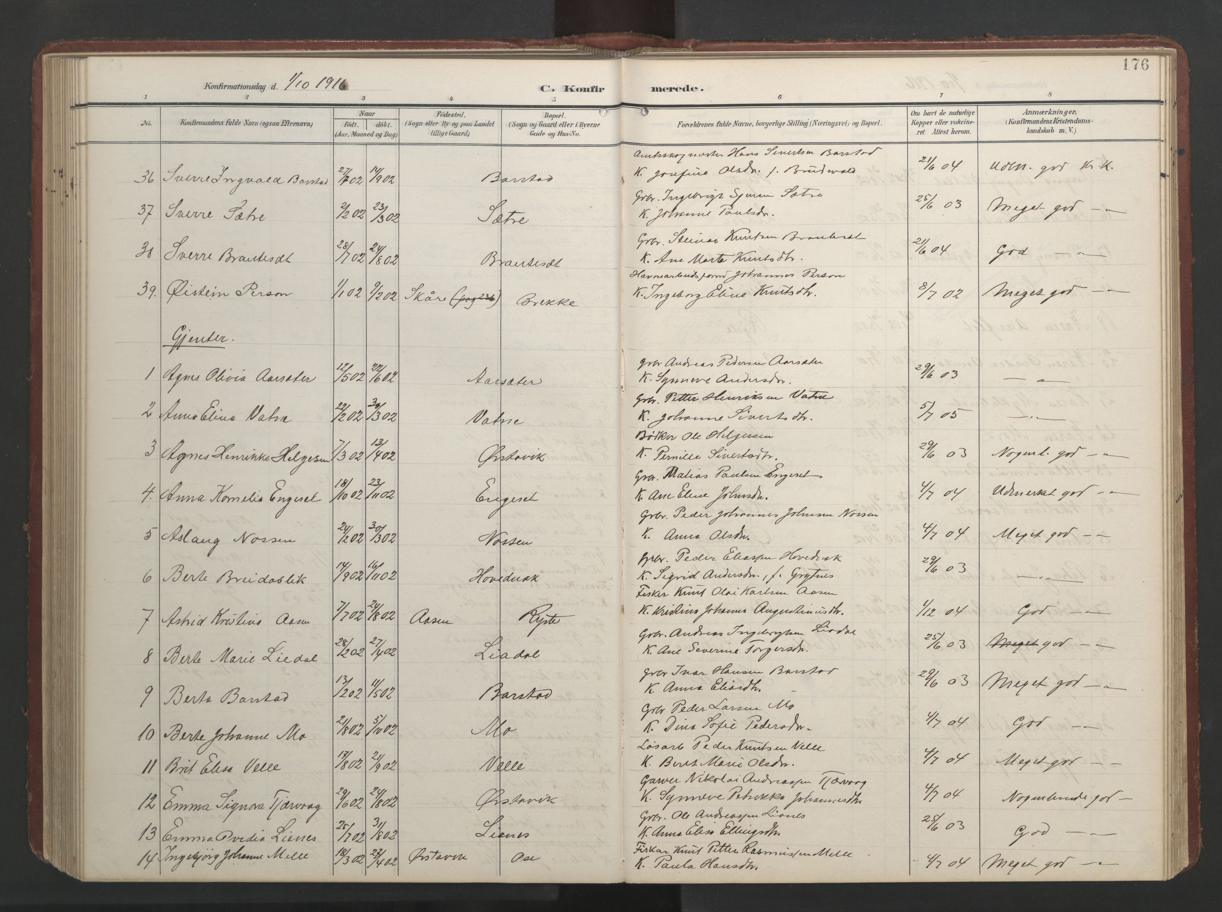 Ministerialprotokoller, klokkerbøker og fødselsregistre - Møre og Romsdal, AV/SAT-A-1454/513/L0190: Parish register (copy) no. 513C04, 1904-1926, p. 176