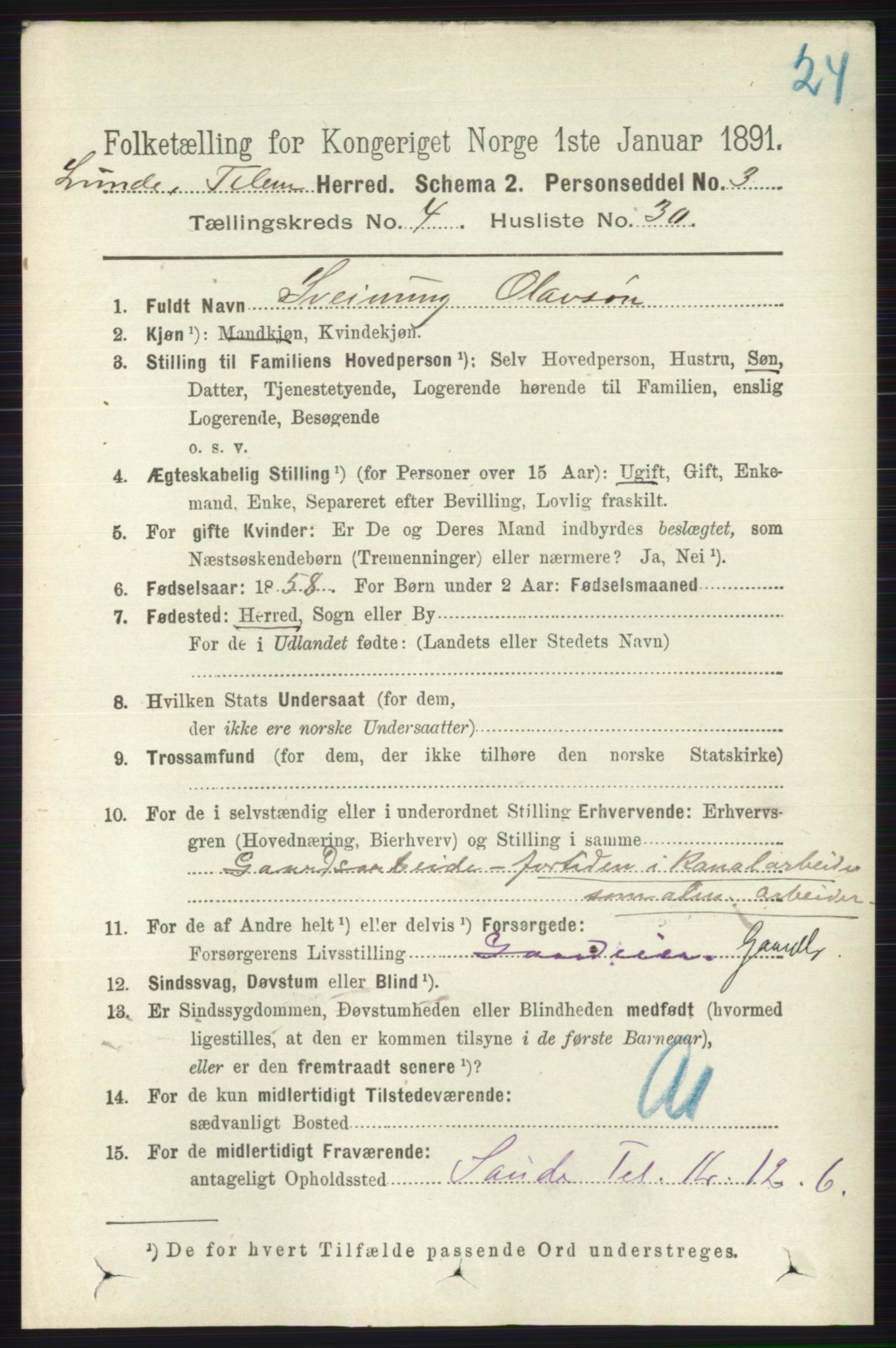 RA, 1891 census for 0820 Lunde, 1891, p. 1354