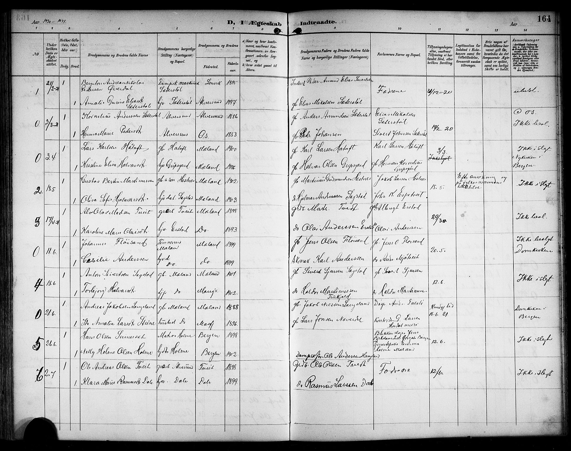 Alversund Sokneprestembete, SAB/A-73901/H/Ha/Hab: Parish register (copy) no. C 4, 1894-1924, p. 164