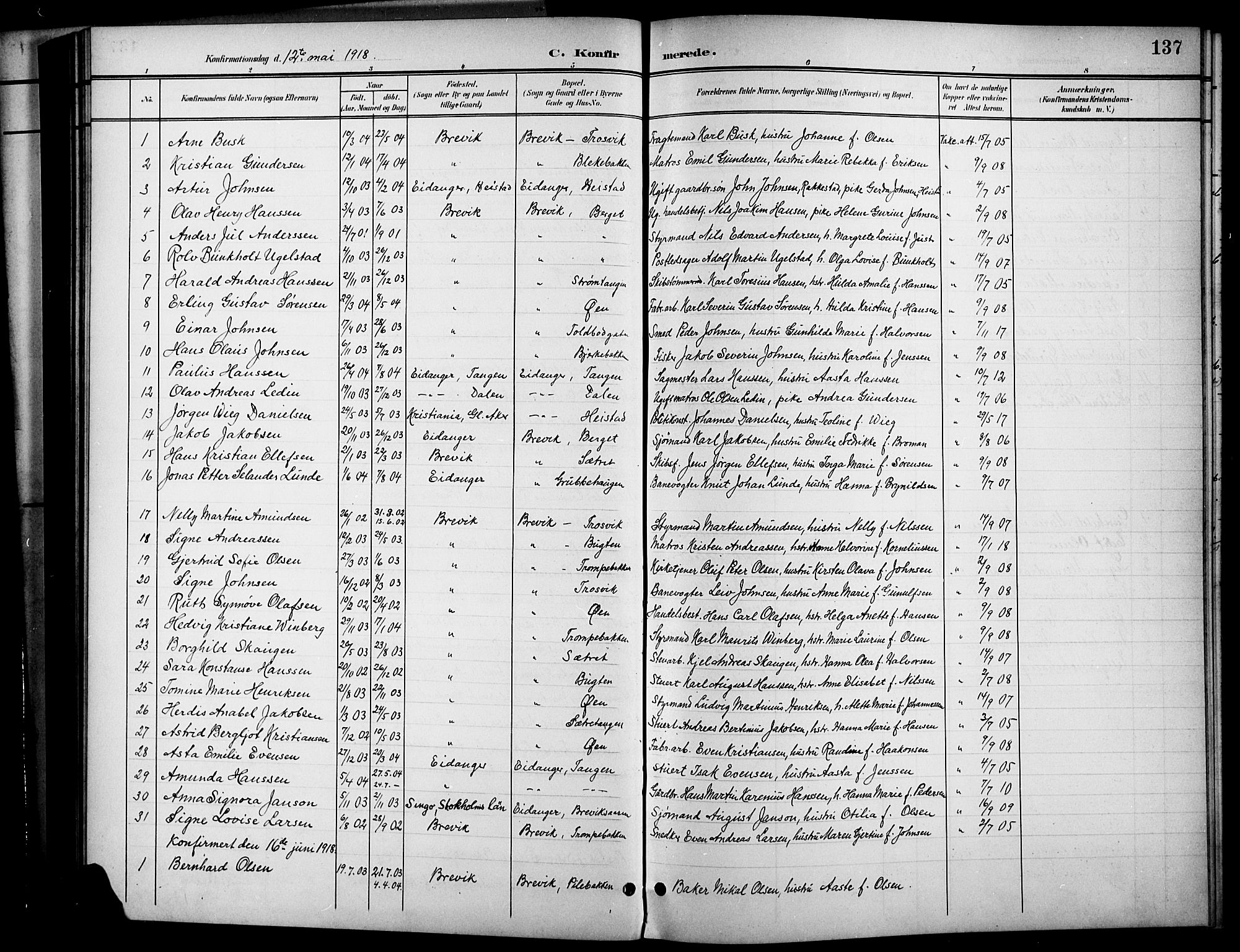 Brevik kirkebøker, SAKO/A-255/G/Ga/L0005: Parish register (copy) no. 5, 1901-1924, p. 137