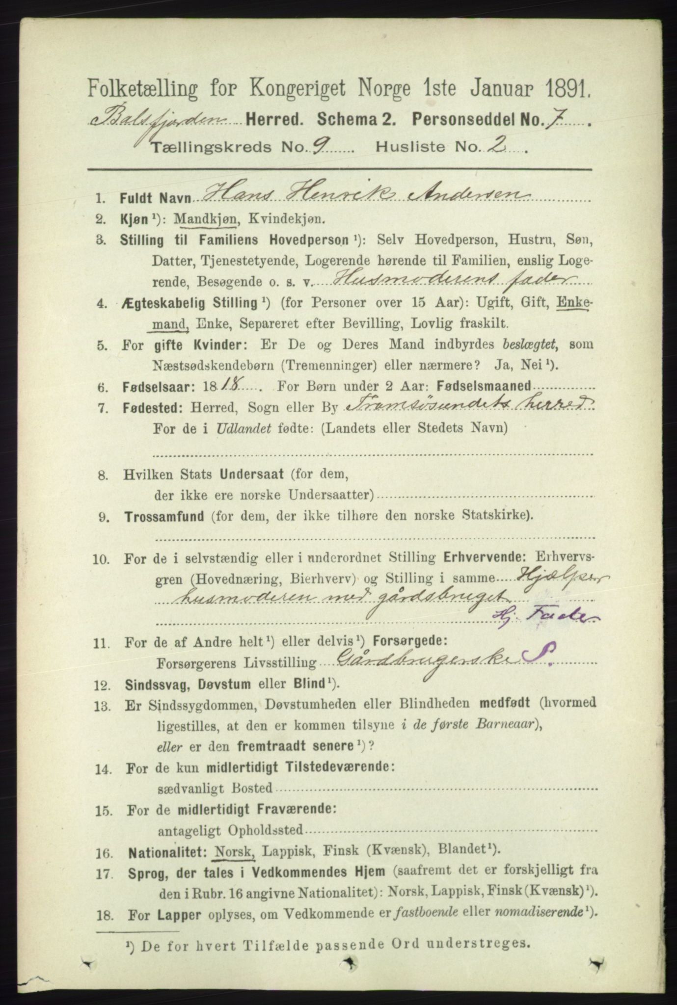 RA, 1891 census for 1933 Balsfjord, 1891, p. 3127