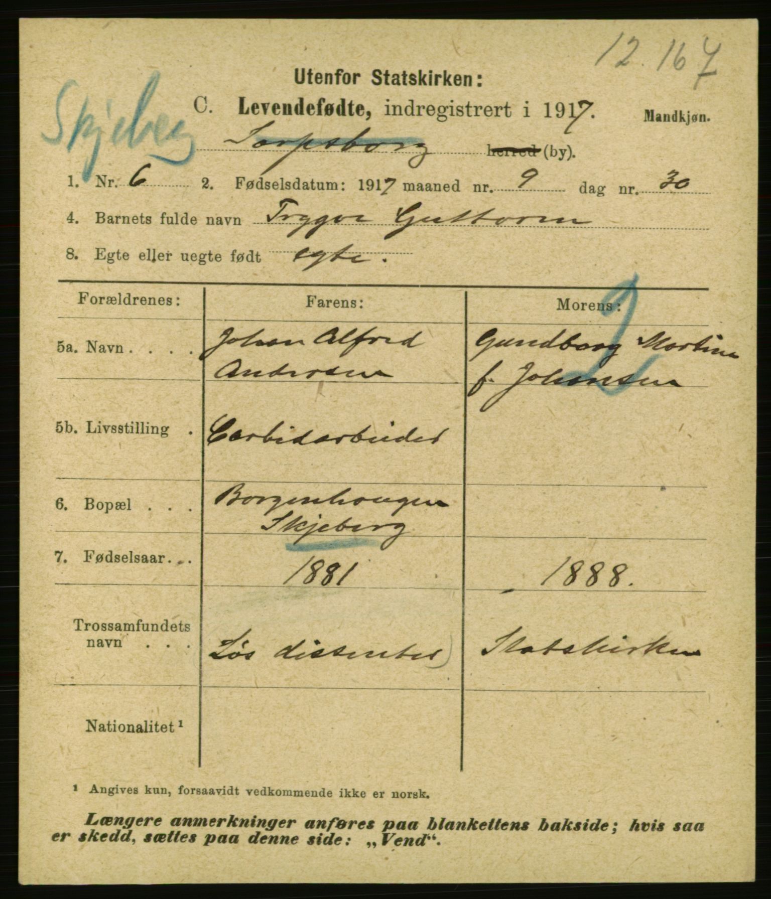 Statistisk sentralbyrå, Sosiodemografiske emner, Befolkning, AV/RA-S-2228/E/L0015: Fødte, gifte, døde dissentere., 1917, p. 7