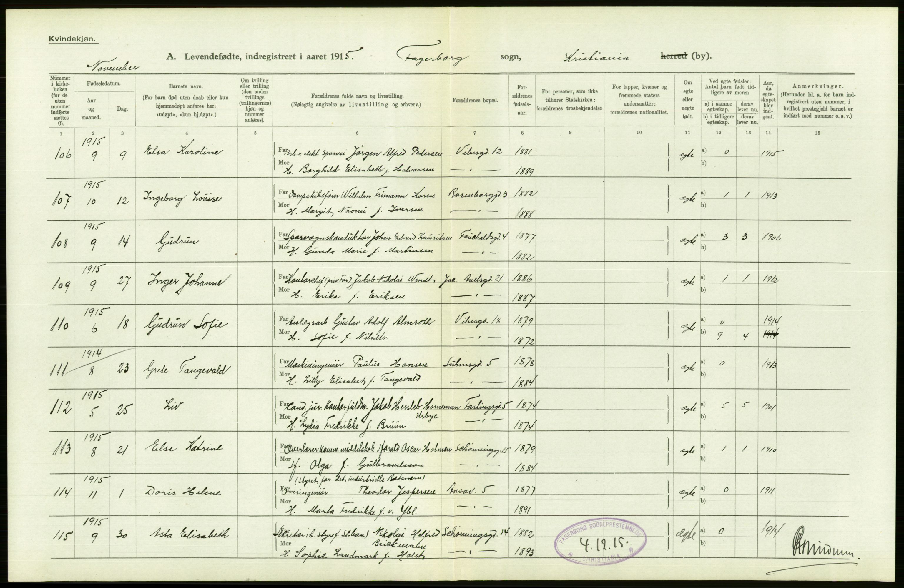 Statistisk sentralbyrå, Sosiodemografiske emner, Befolkning, AV/RA-S-2228/D/Df/Dfb/Dfbe/L0006: Kristiania: Levendefødte menn og kvinner., 1915, p. 544