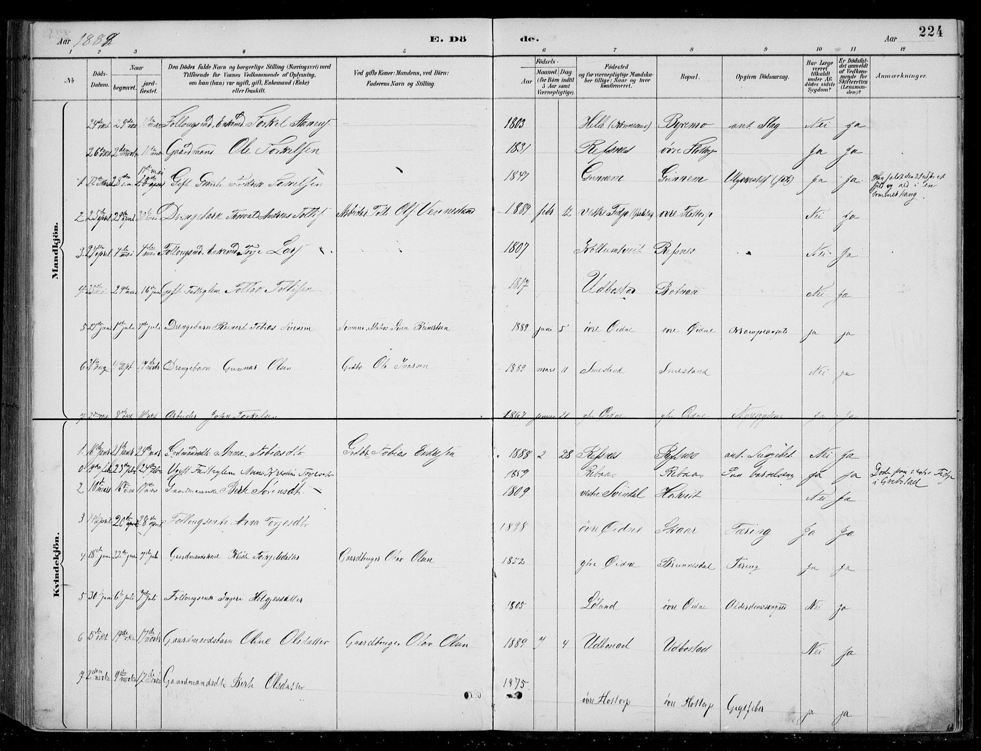 Bjelland sokneprestkontor, SAK/1111-0005/F/Fb/Fbc/L0003: Parish register (copy) no. B 3, 1887-1924, p. 224