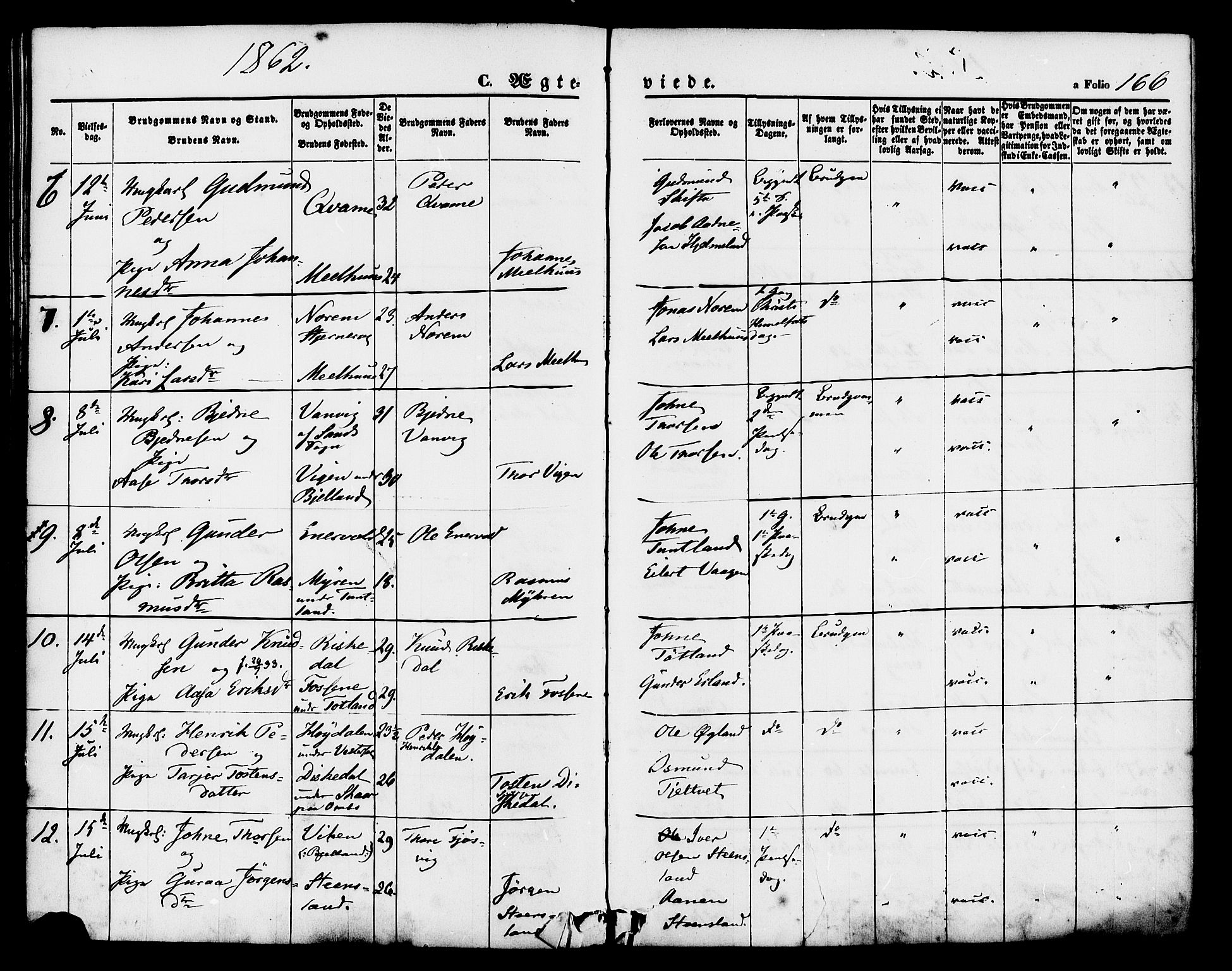 Hjelmeland sokneprestkontor, AV/SAST-A-101843/01/IV/L0011: Parish register (official) no. A 11, 1861-1878, p. 166