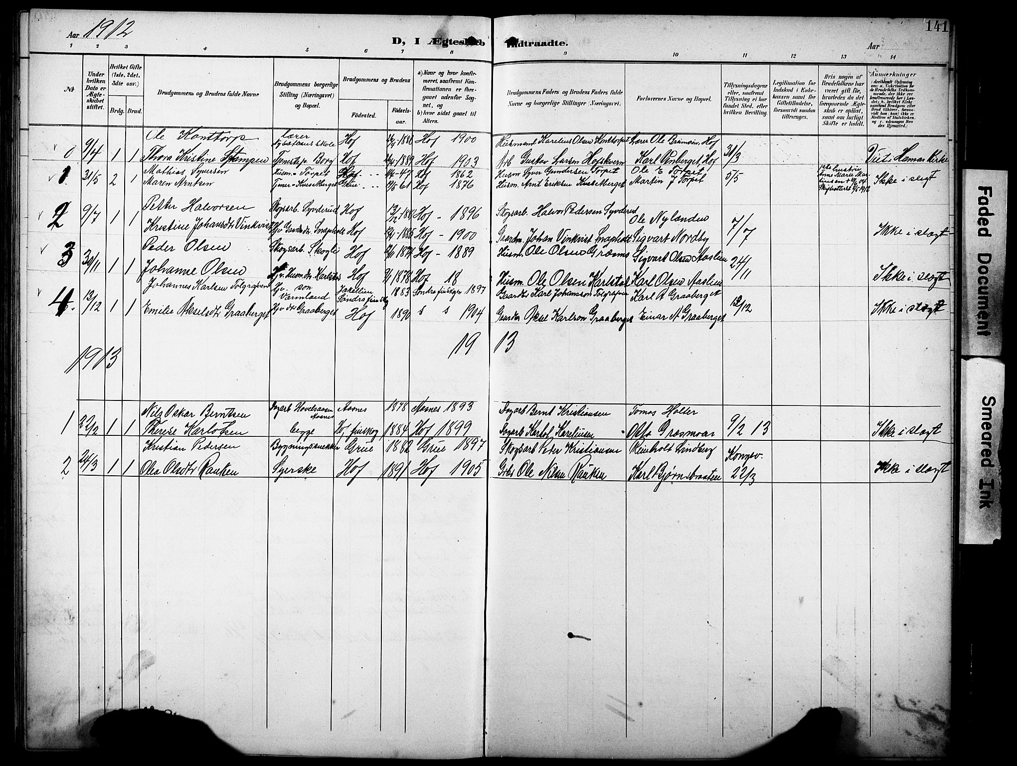 Hof prestekontor, AV/SAH-PREST-038/H/Ha/Hab/L0005: Parish register (copy) no. 5, 1899-1916, p. 141