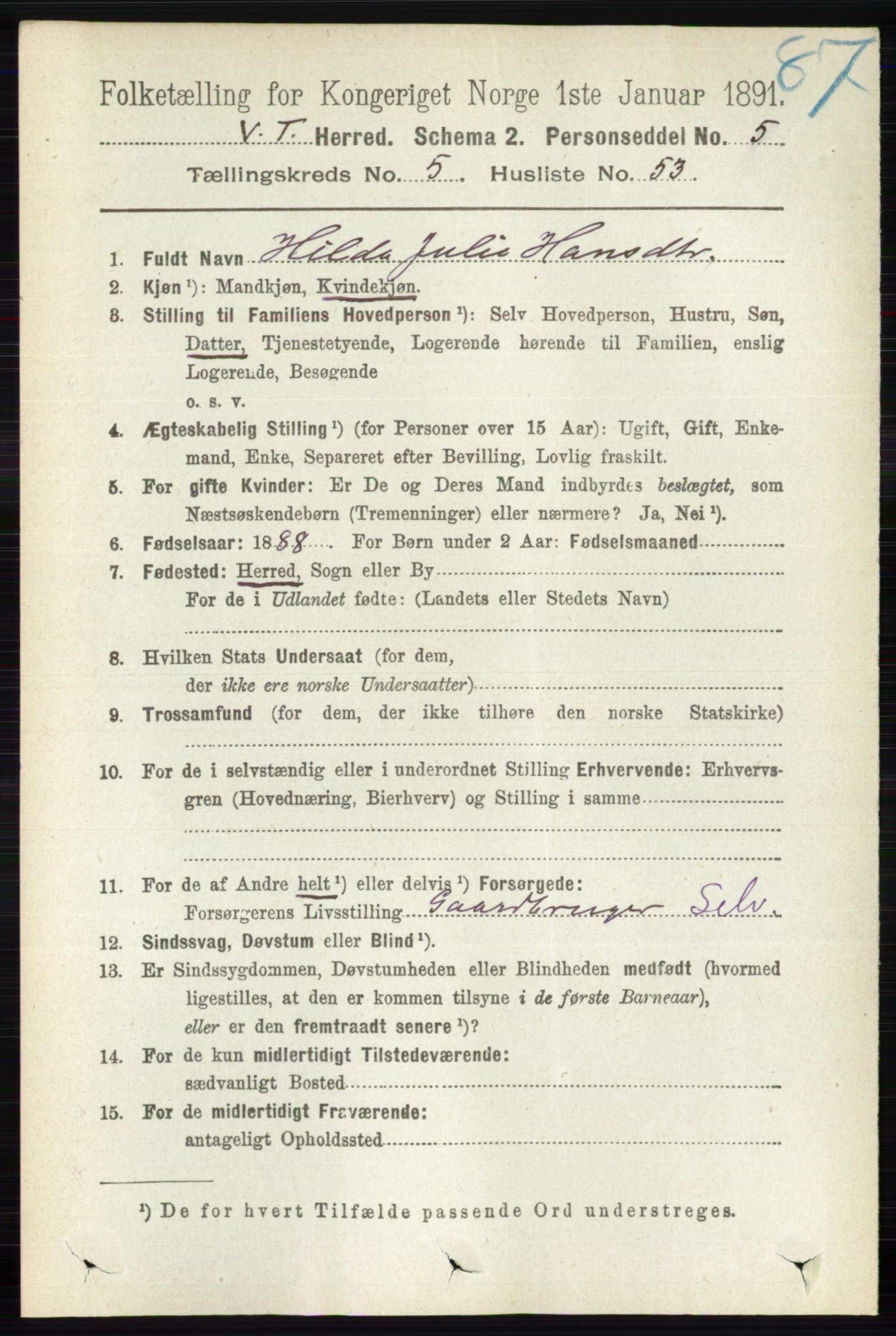 RA, 1891 census for 0529 Vestre Toten, 1891, p. 3501
