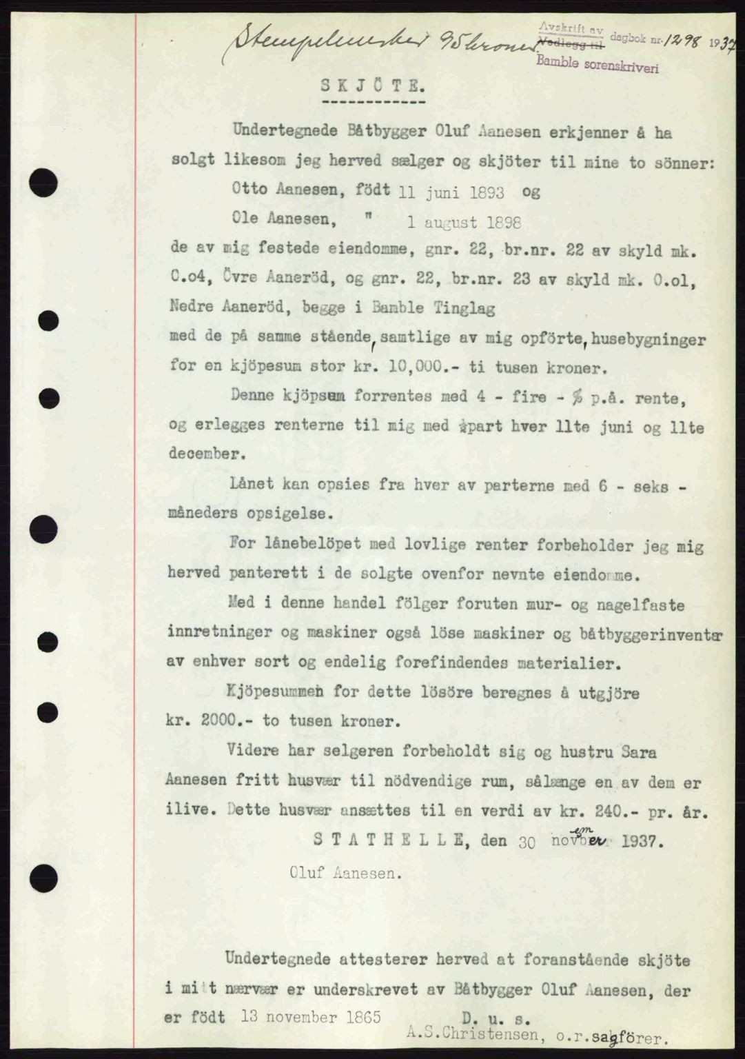 Bamble sorenskriveri, AV/SAKO-A-214/G/Ga/Gag/L0002: Mortgage book no. A-2, 1937-1938, Diary no: : 1298/1937