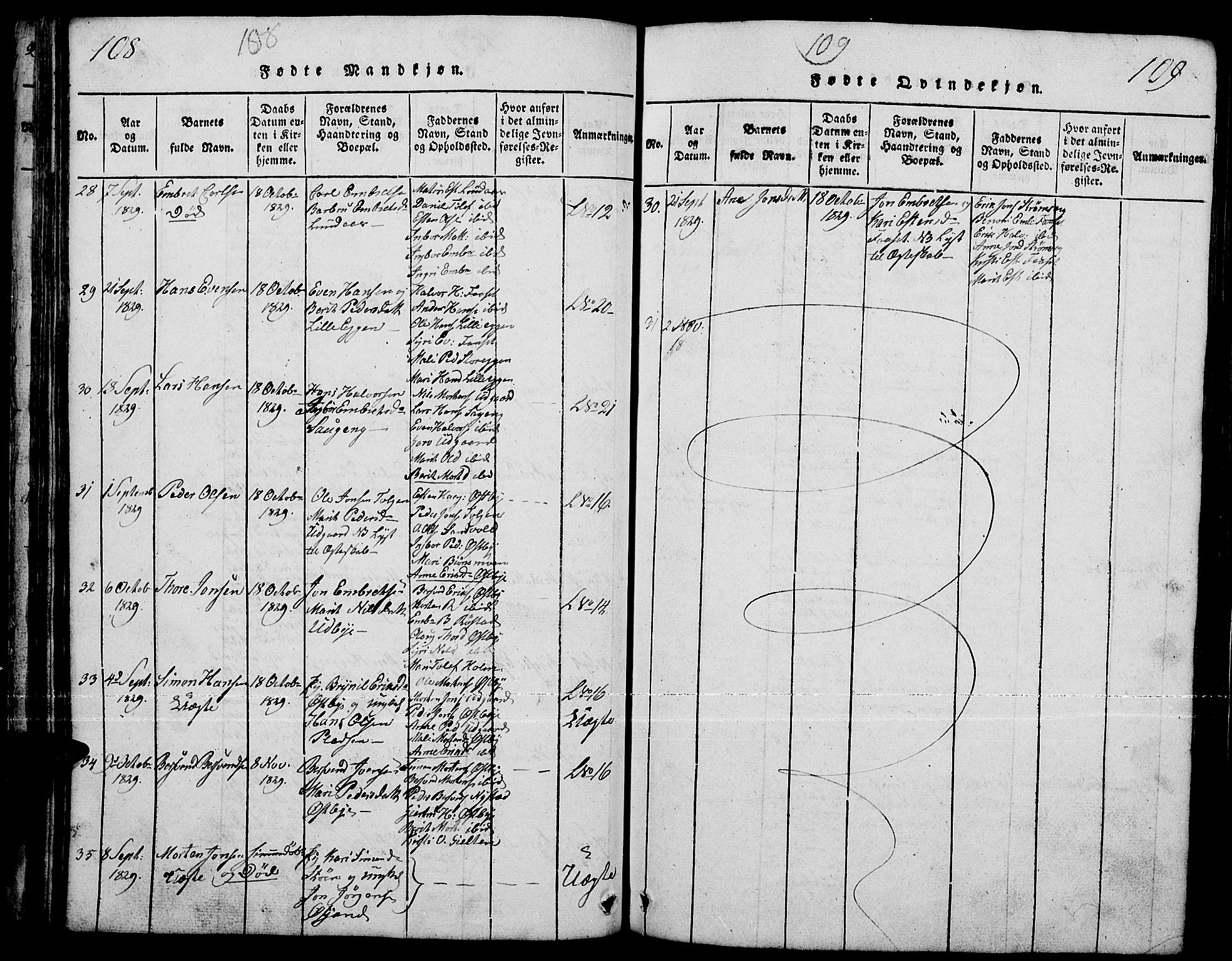 Tynset prestekontor, SAH/PREST-058/H/Ha/Hab/L0001: Parish register (copy) no. 1, 1814-1859, p. 108-109