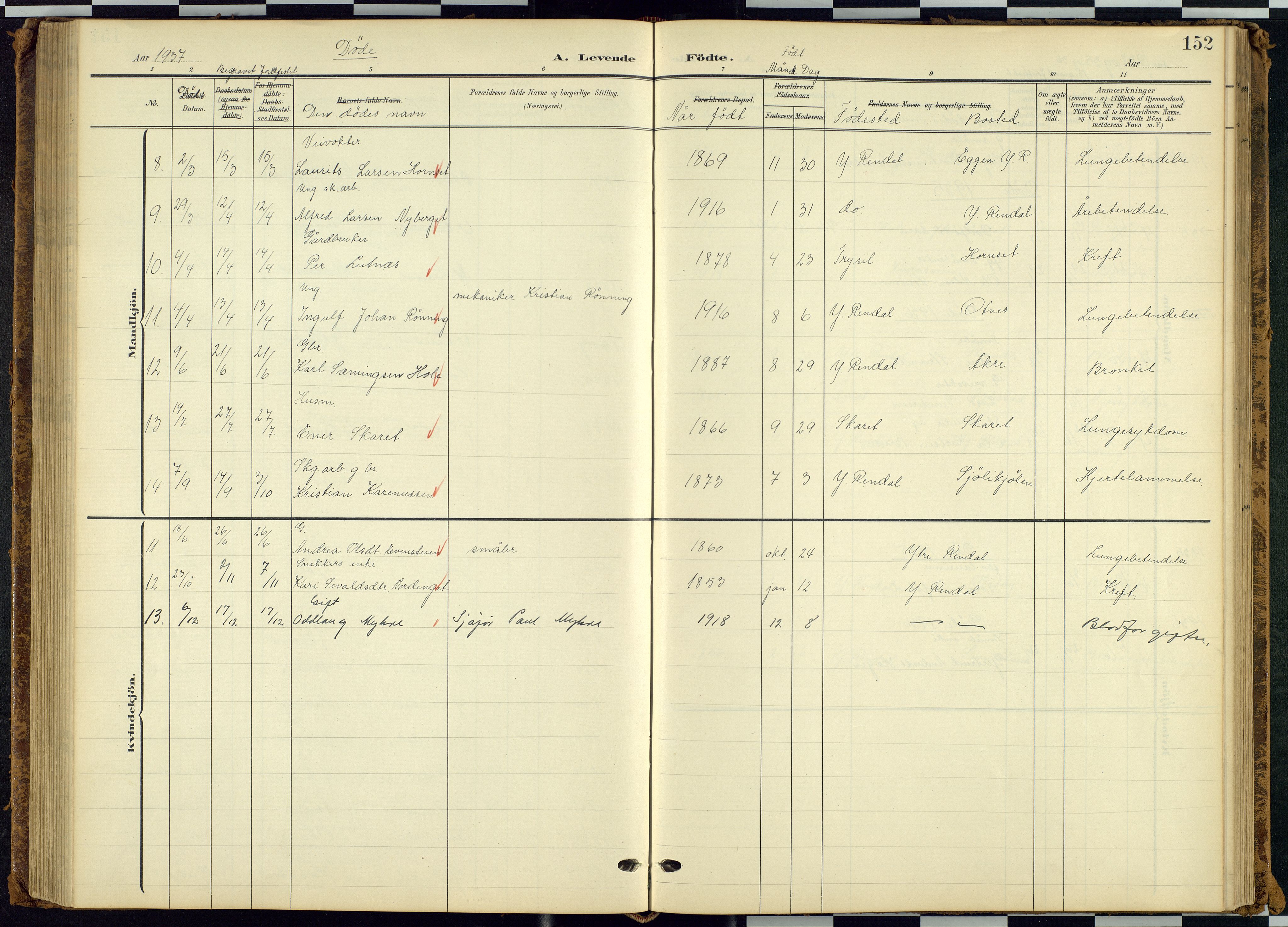 Rendalen prestekontor, SAH/PREST-054/H/Ha/Hab/L0010: Parish register (copy) no. 10, 1903-1940, p. 152