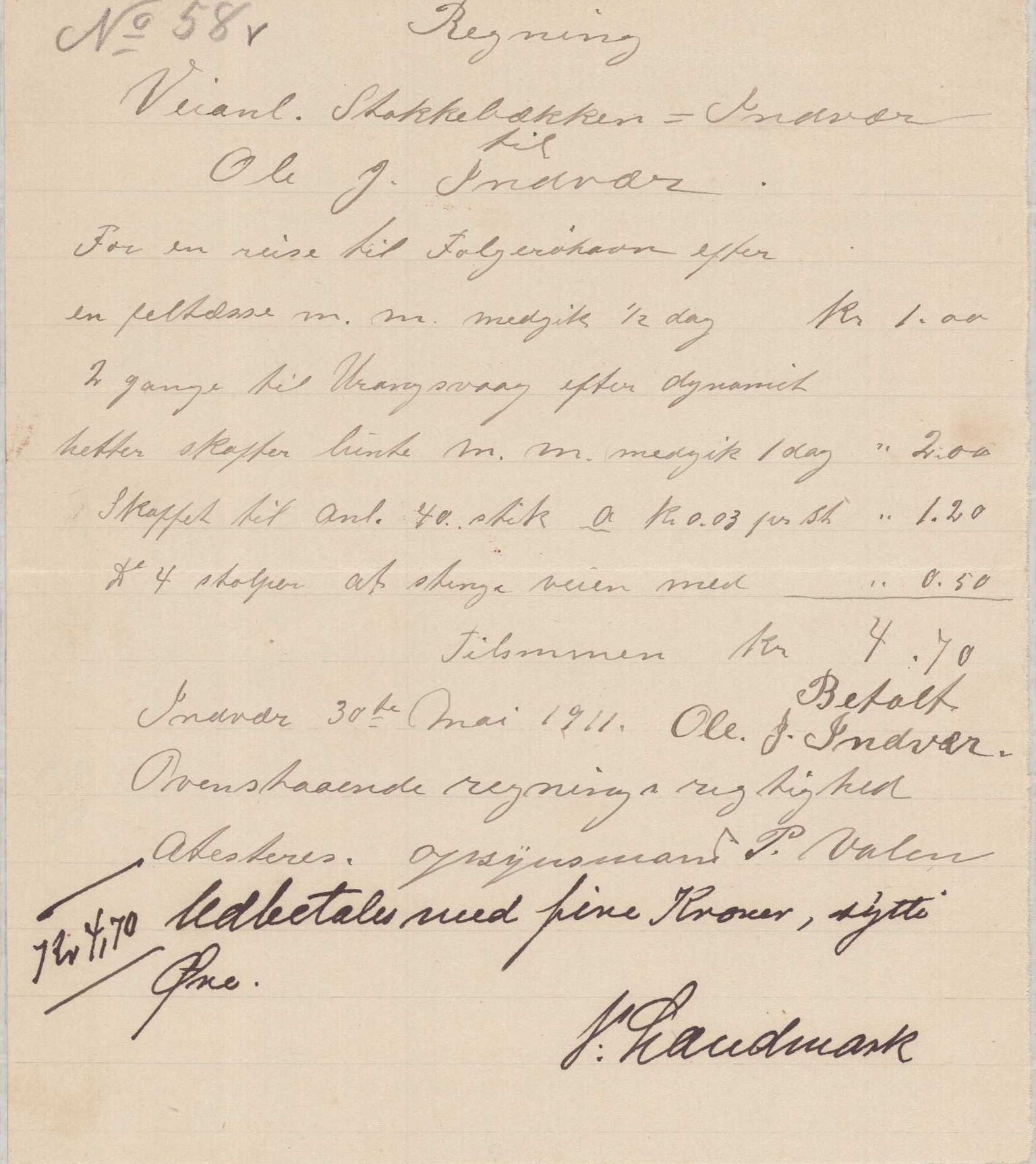 Finnaas kommune. Formannskapet, IKAH/1218a-021/E/Ea/L0001/0001: Rekneskap for veganlegg / Rekneskap for veganlegget Indvær - Stokkabakken, 1910-1915, p. 23