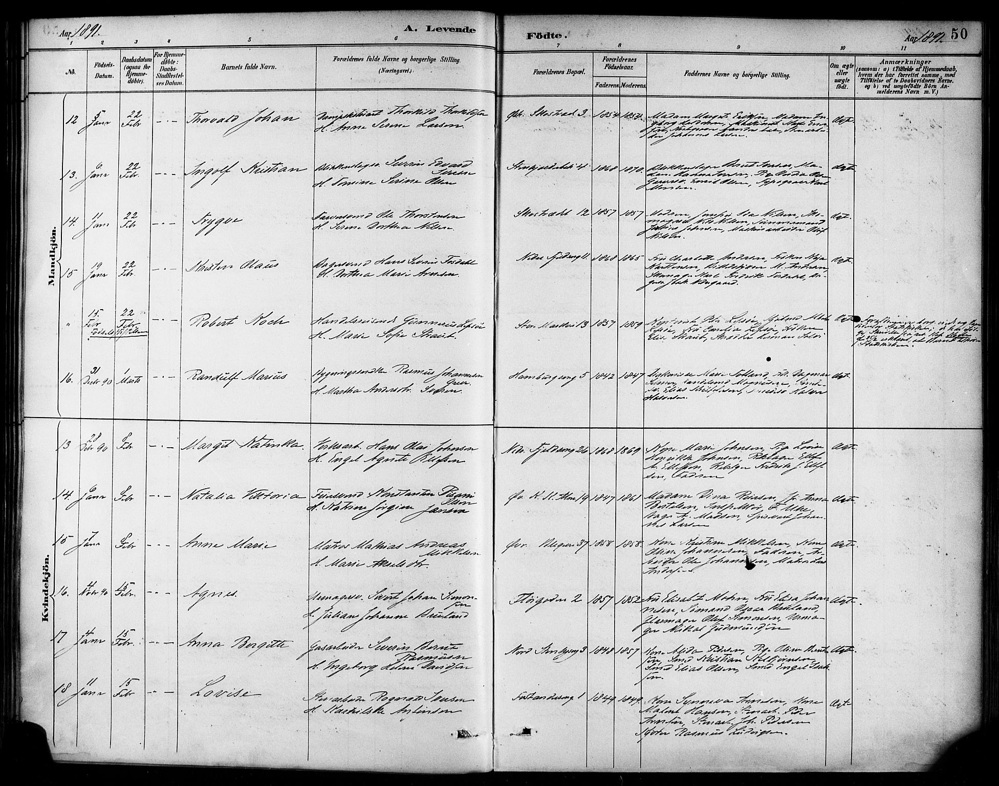 Korskirken sokneprestembete, AV/SAB-A-76101/H/Haa/L0022: Parish register (official) no. B 8, 1889-1899, p. 50