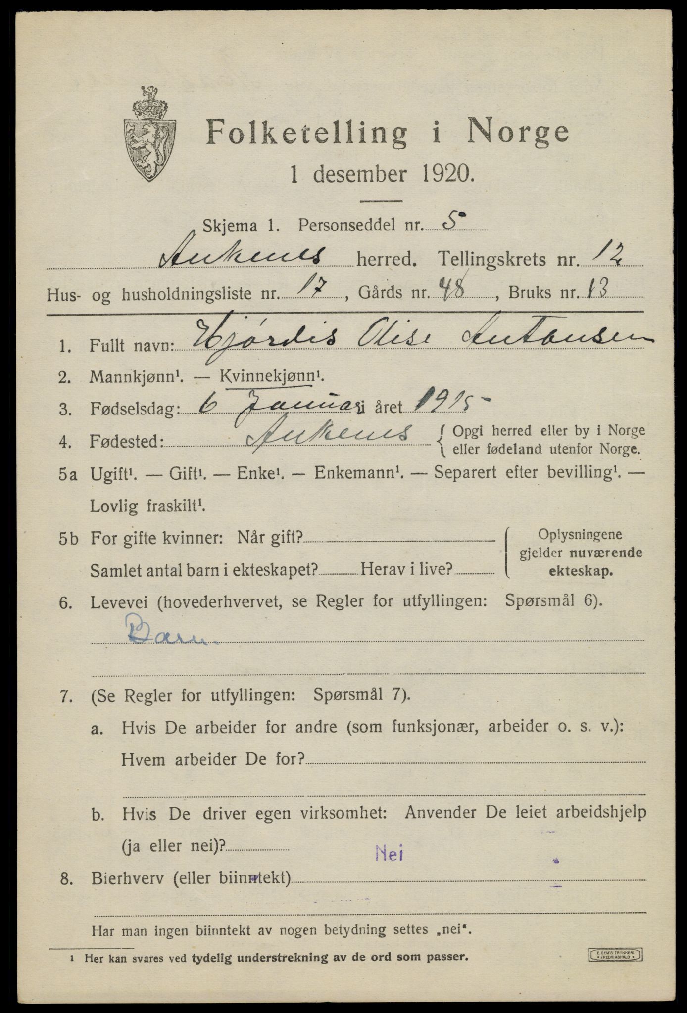 SAT, 1920 census for Ankenes, 1920, p. 6605