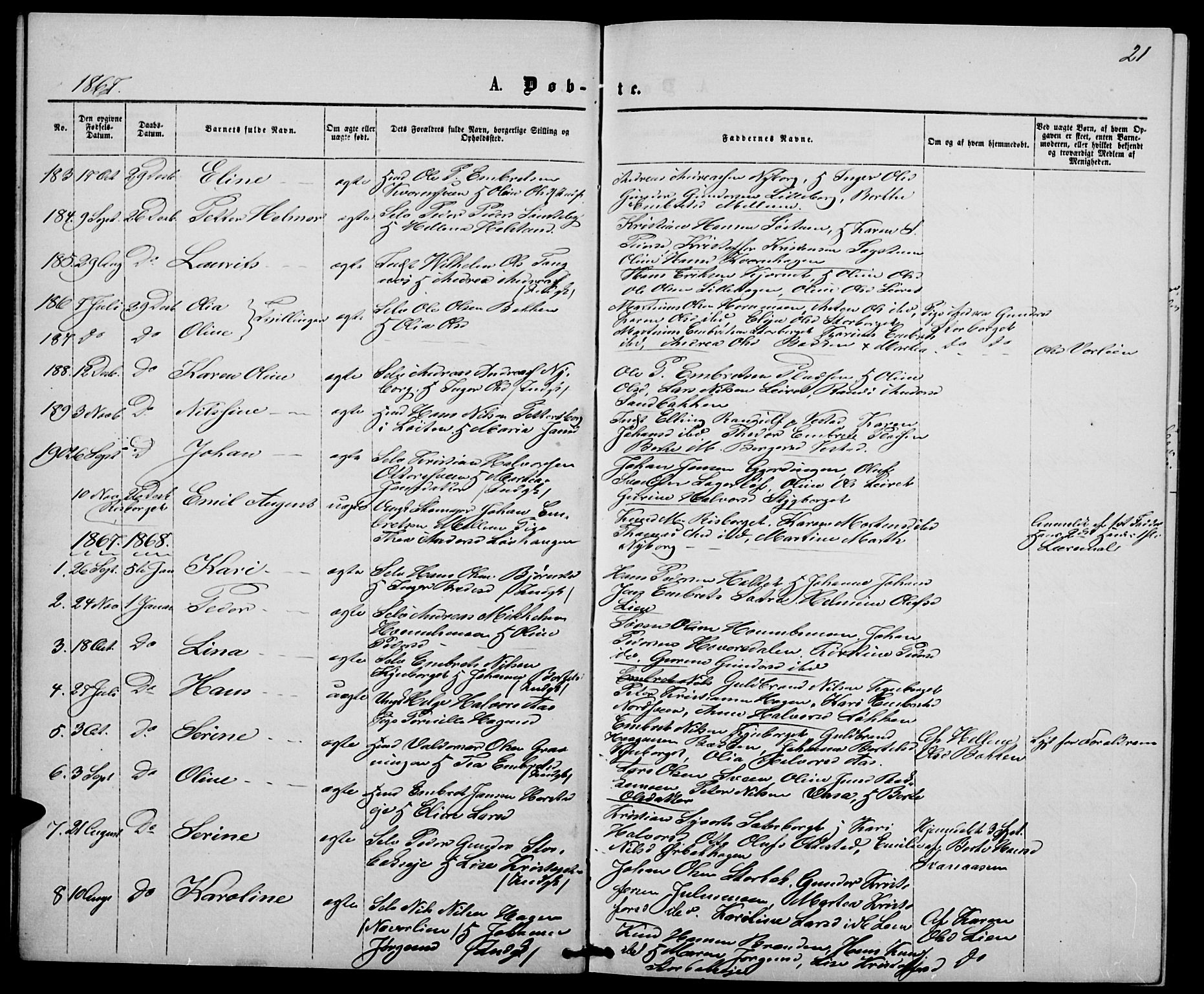 Elverum prestekontor, AV/SAH-PREST-044/H/Ha/Hab/L0004: Parish register (copy) no. 4, 1866-1874, p. 21