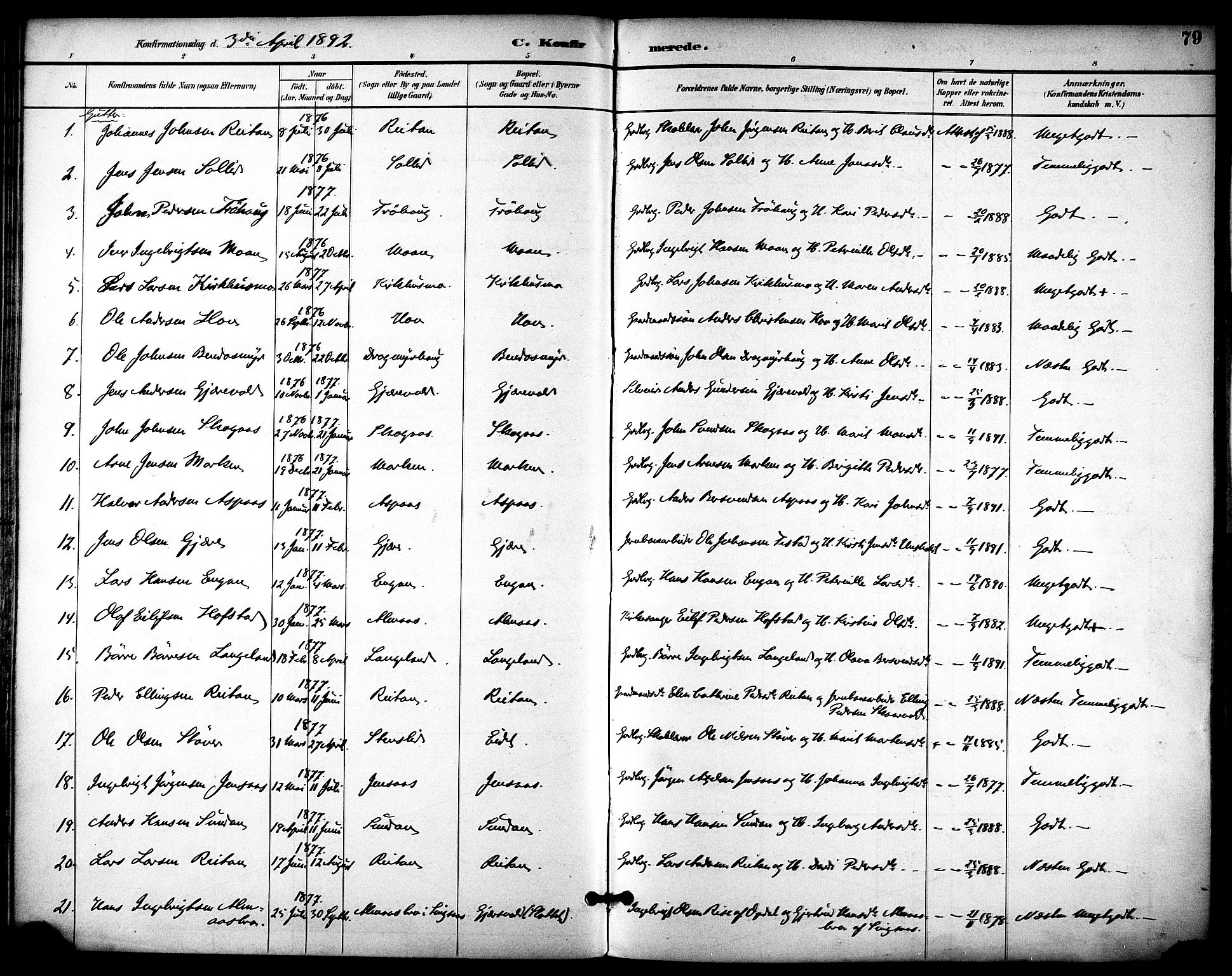 Ministerialprotokoller, klokkerbøker og fødselsregistre - Sør-Trøndelag, SAT/A-1456/686/L0984: Parish register (official) no. 686A02, 1891-1906, p. 79
