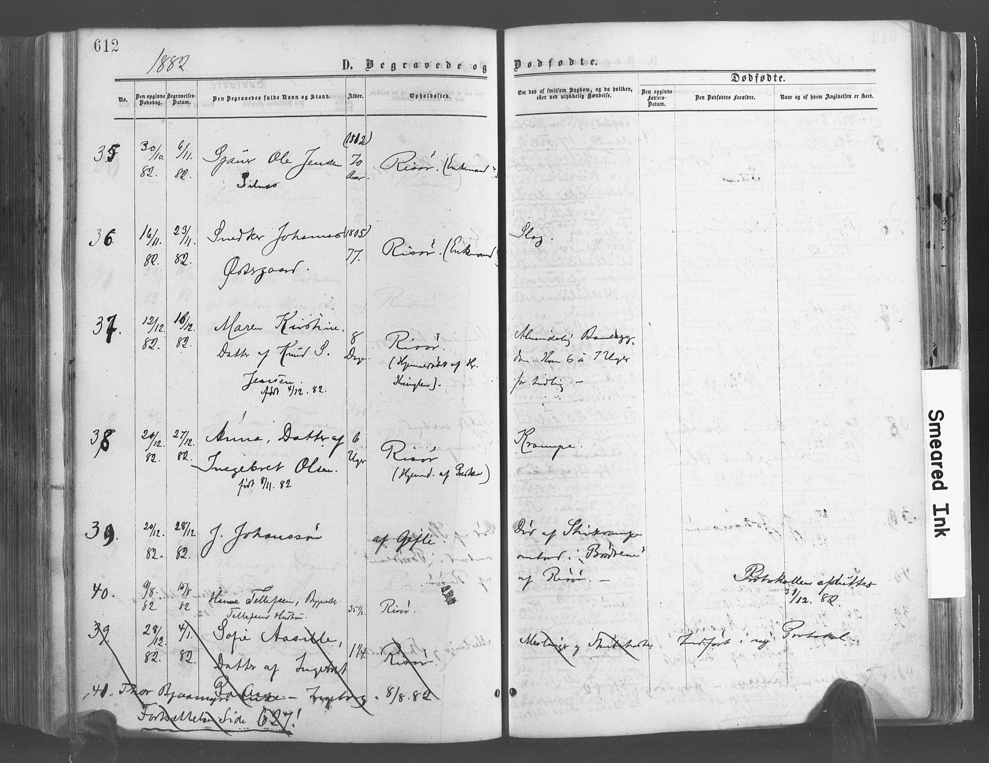 Risør sokneprestkontor, SAK/1111-0035/F/Fa/L0004: Parish register (official) no. A 4, 1865-1882, p. 612