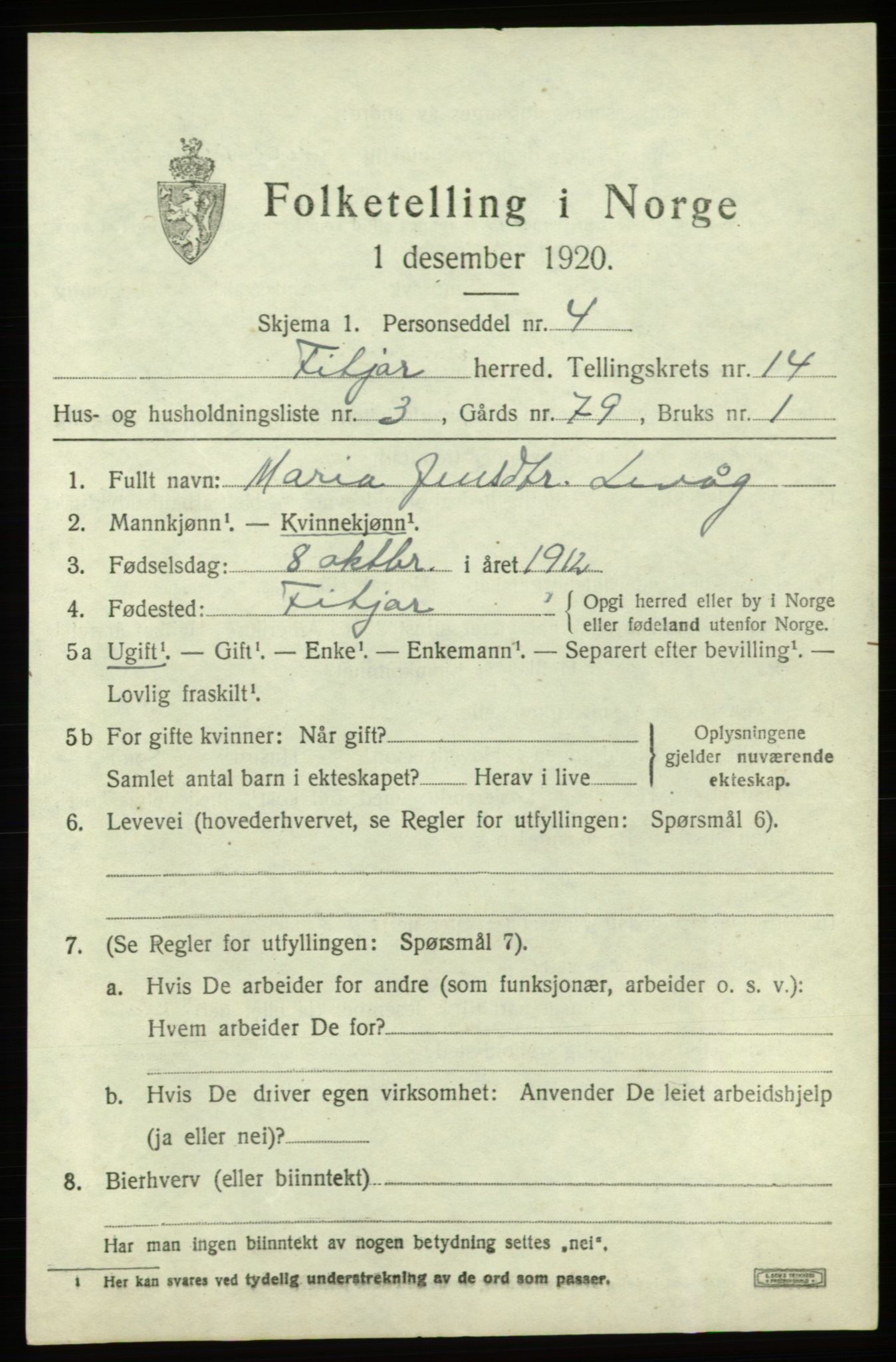 SAB, 1920 census for Fitjar, 1920, p. 5740