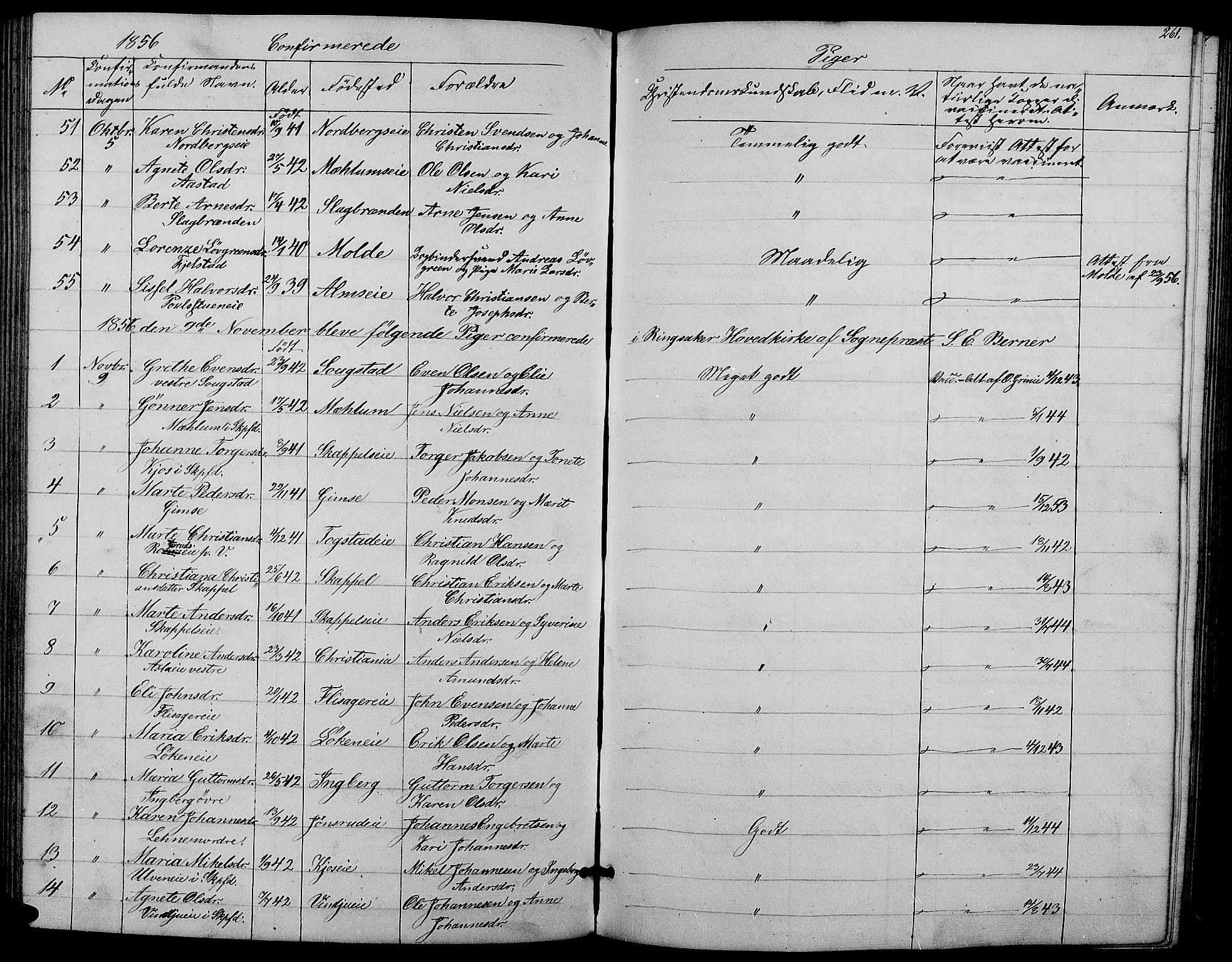 Ringsaker prestekontor, SAH/PREST-014/L/La/L0006: Parish register (copy) no. 6, 1851-1860, p. 261