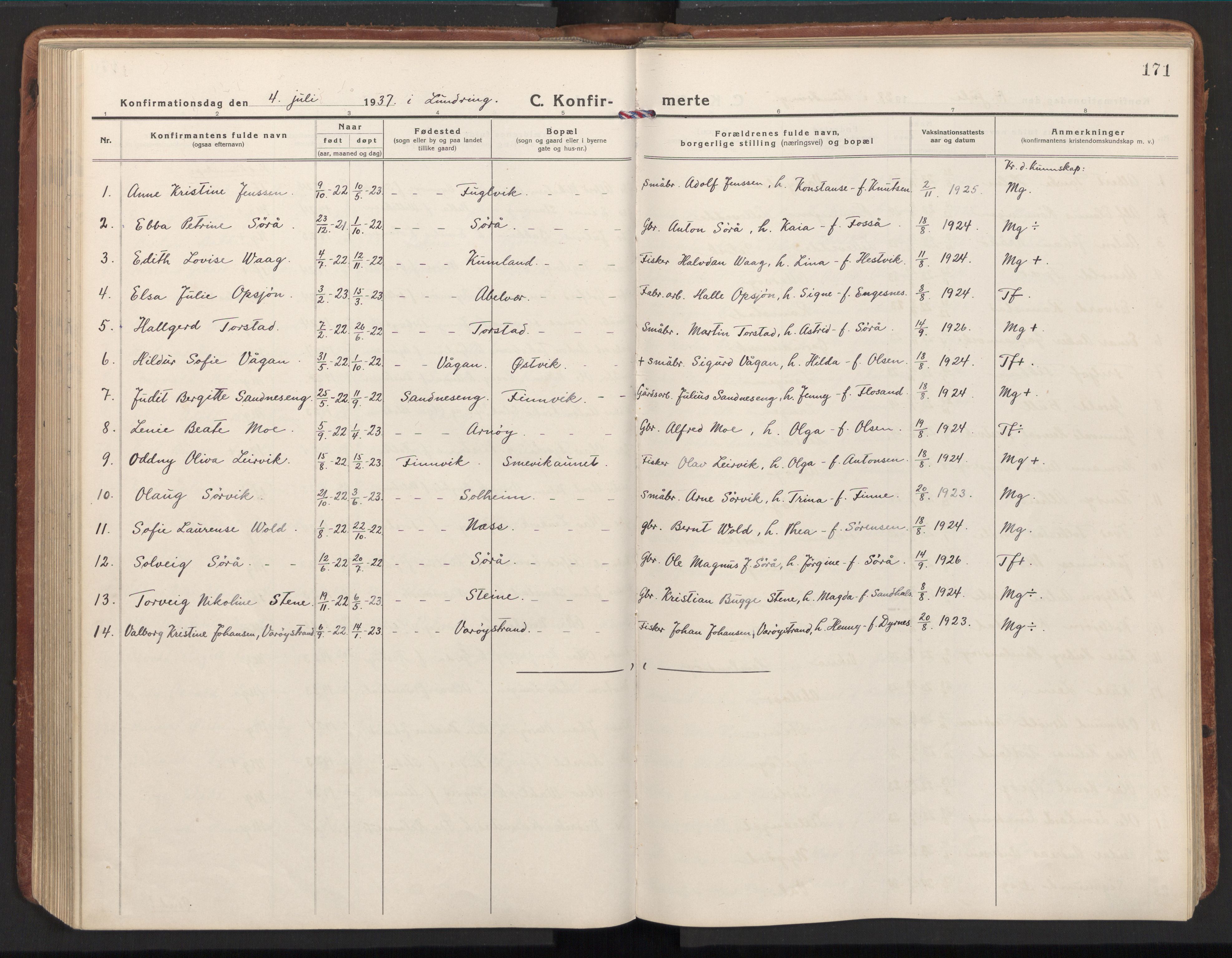 Ministerialprotokoller, klokkerbøker og fødselsregistre - Nord-Trøndelag, AV/SAT-A-1458/784/L0678: Parish register (official) no. 784A13, 1921-1938, p. 171