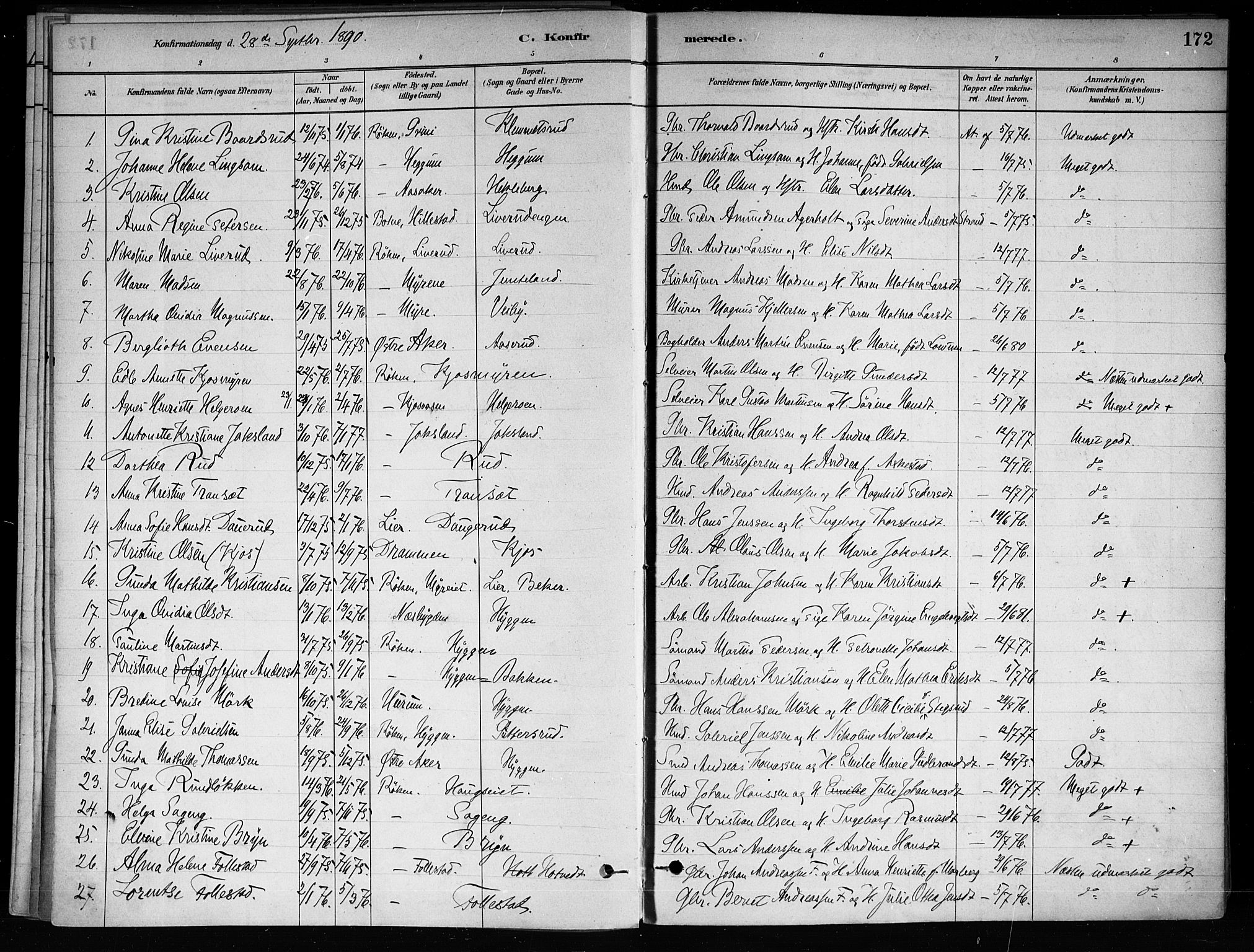 Røyken kirkebøker, AV/SAKO-A-241/F/Fa/L0008: Parish register (official) no. 8, 1880-1897, p. 172