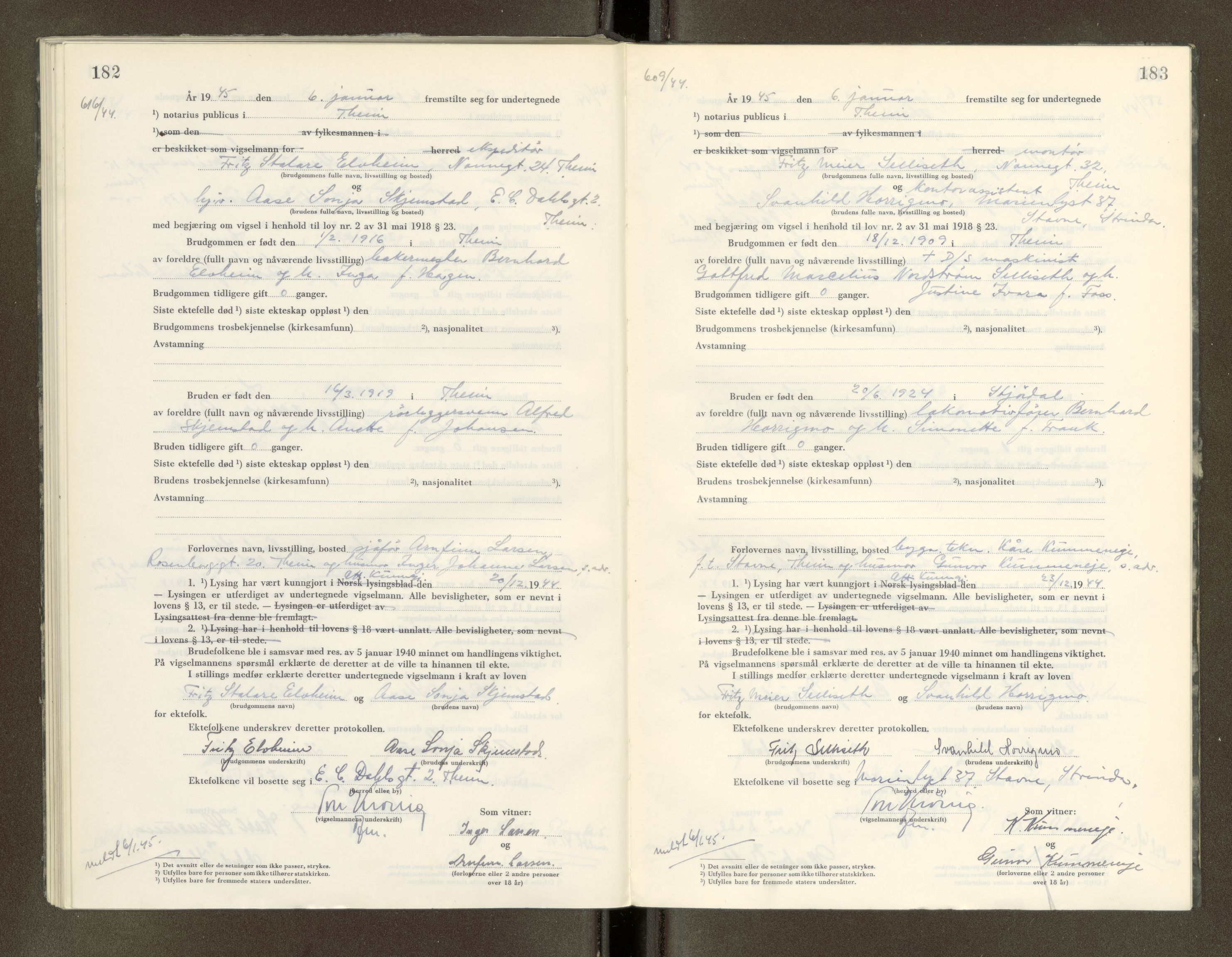 Trondheim byfogd, AV/SAT-A-0003/1/6/6D/L0005: Vigselbøker, 1944-1948, p. 182-183
