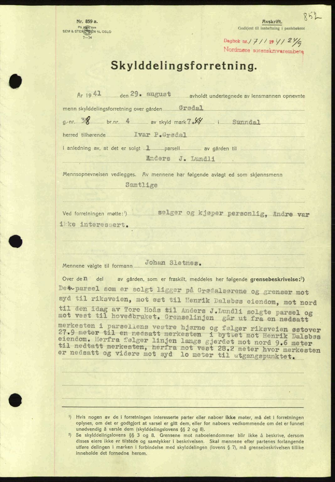Nordmøre sorenskriveri, SAT/A-4132/1/2/2Ca: Mortgage book no. A90, 1941-1941, Diary no: : 1711/1941