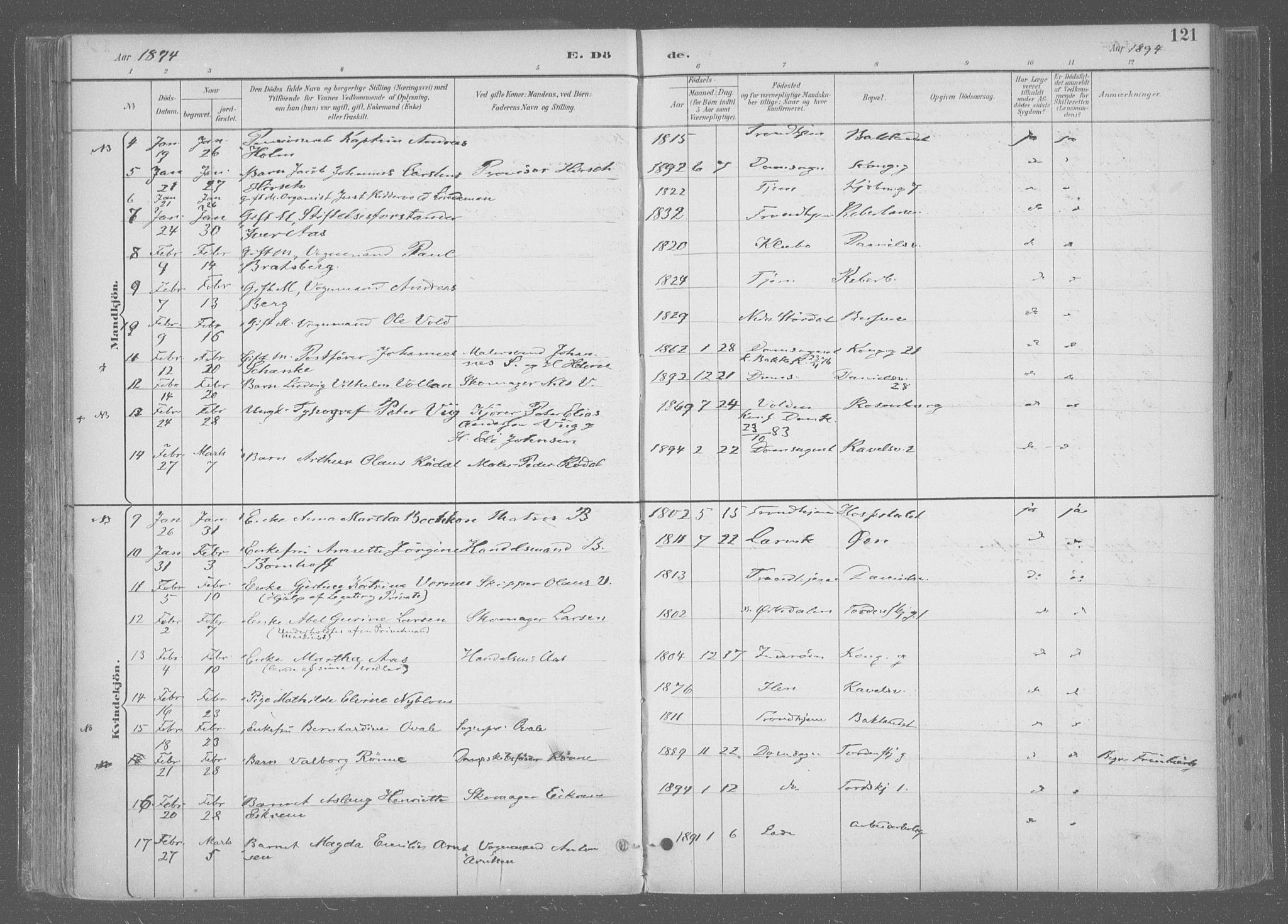 Ministerialprotokoller, klokkerbøker og fødselsregistre - Sør-Trøndelag, SAT/A-1456/601/L0064: Parish register (official) no. 601A31, 1891-1911, p. 121