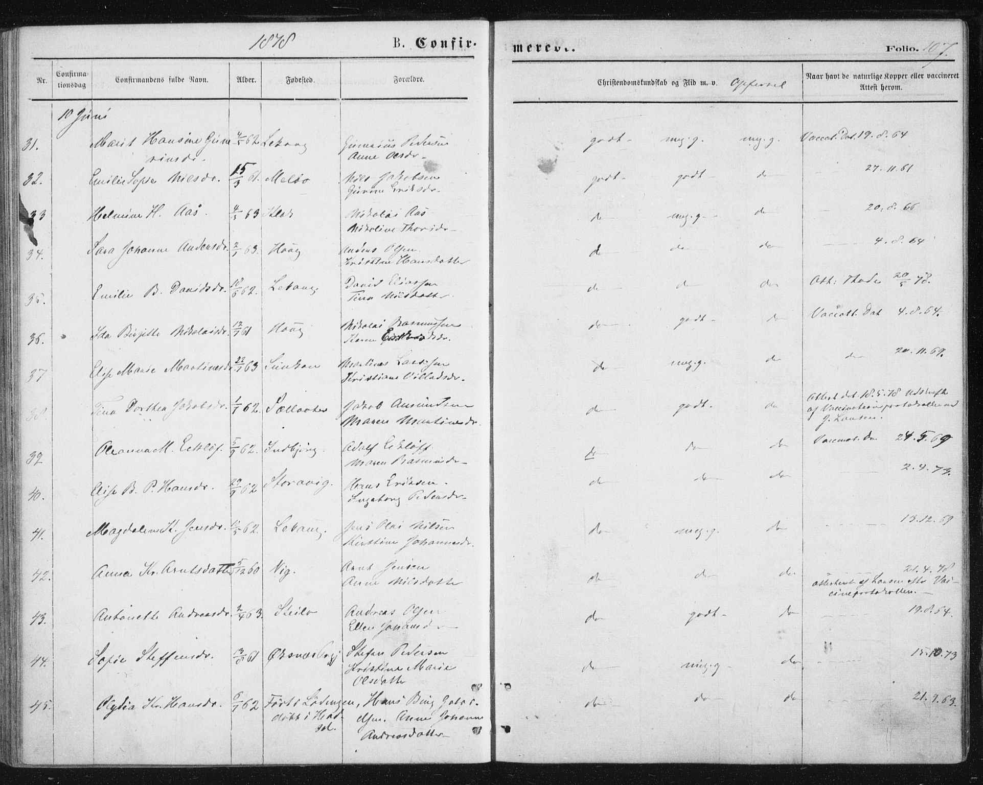 Ministerialprotokoller, klokkerbøker og fødselsregistre - Nordland, AV/SAT-A-1459/888/L1243: Parish register (official) no. 888A09, 1876-1879, p. 107