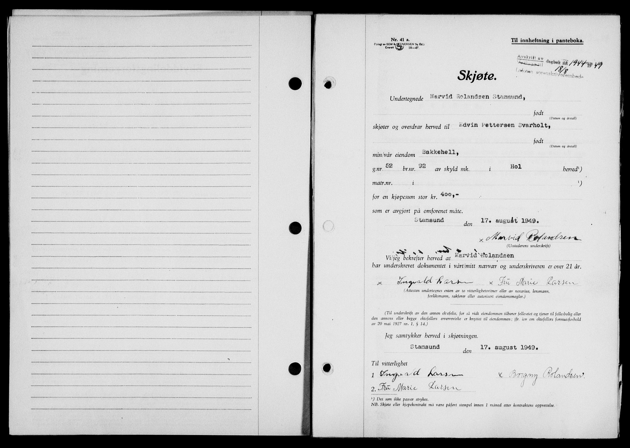 Lofoten sorenskriveri, SAT/A-0017/1/2/2C/L0021a: Mortgage book no. 21a, 1949-1949, Diary no: : 1944/1949