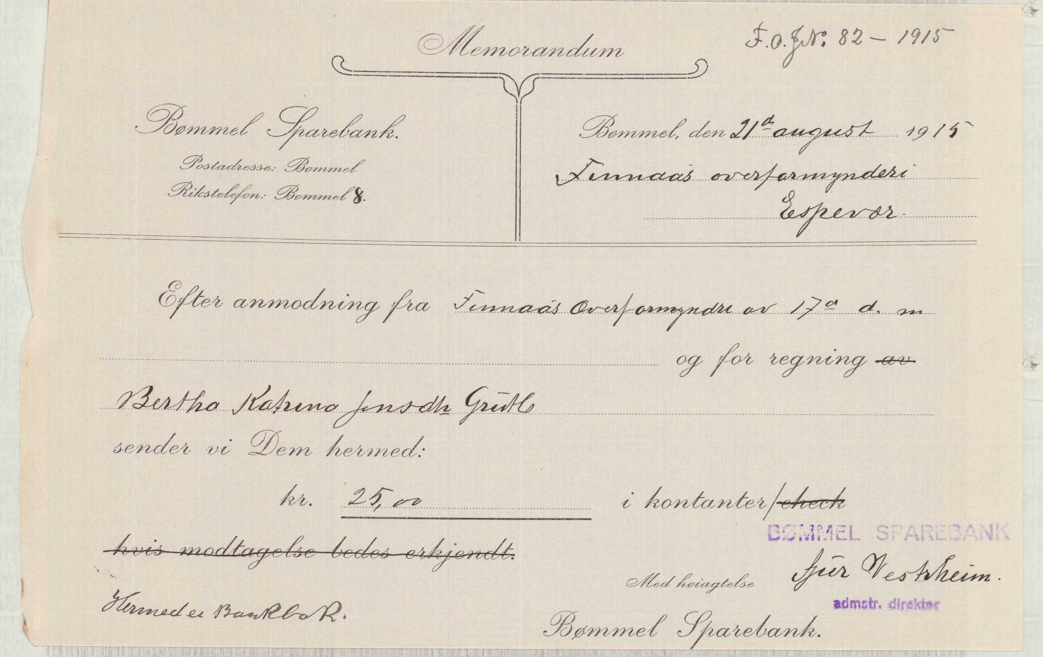 Finnaas kommune. Overformynderiet, IKAH/1218a-812/D/Da/Daa/L0003/0001: Kronologisk ordna korrespondanse / Kronologisk ordna korrespondanse, 1914-1916, p. 62