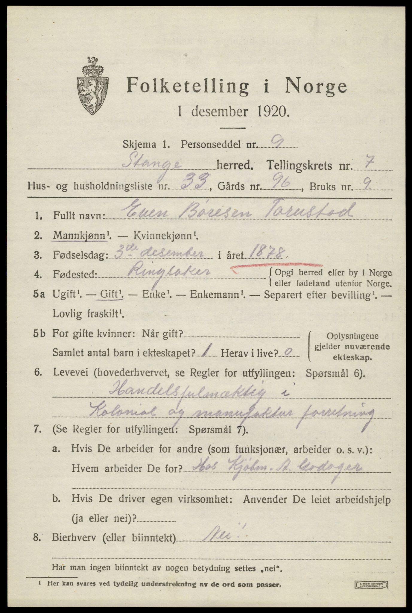 SAH, 1920 census for Stange, 1920, p. 12623