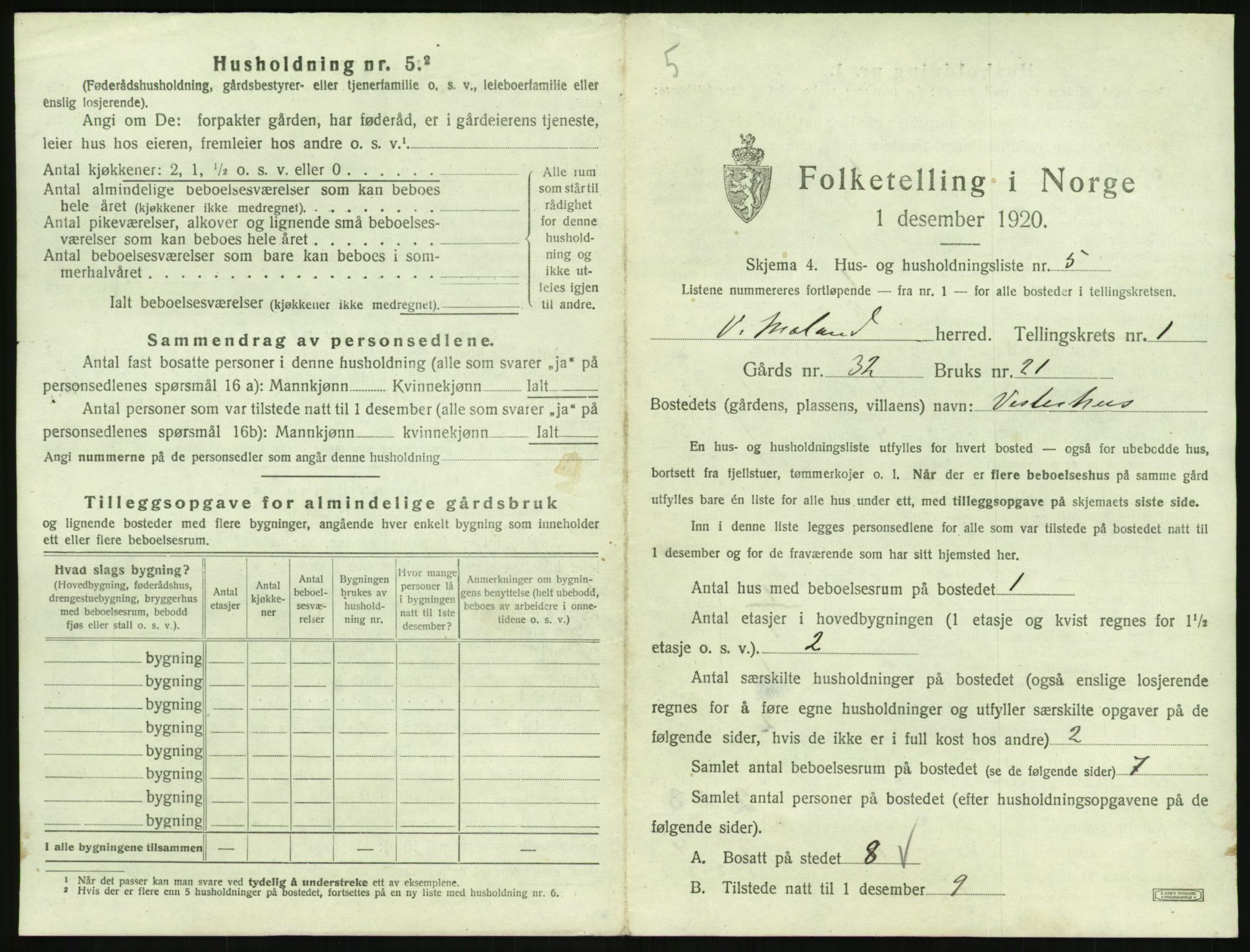 SAK, 1920 census for Vestre Moland, 1920, p. 51