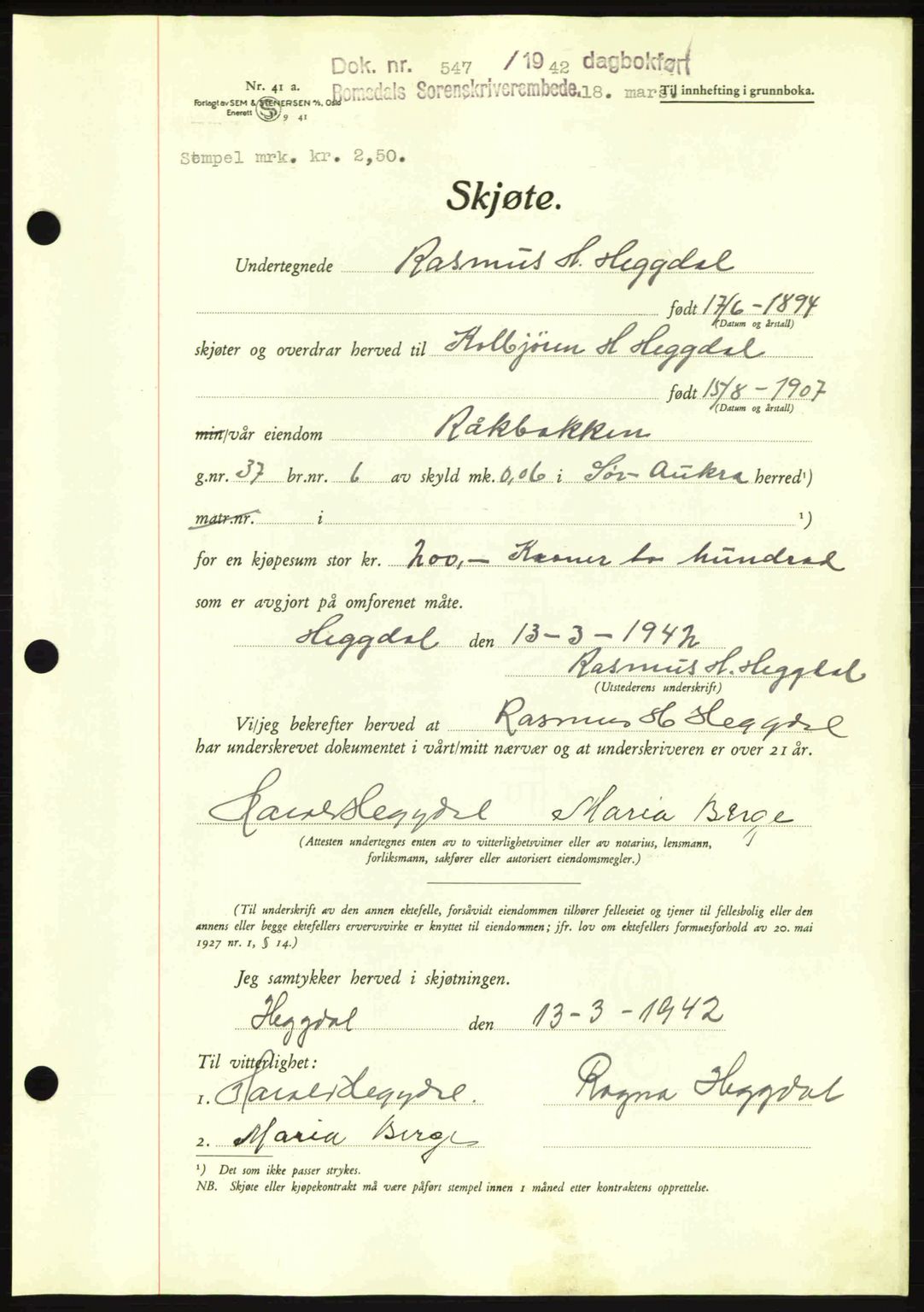 Romsdal sorenskriveri, AV/SAT-A-4149/1/2/2C: Mortgage book no. A12, 1942-1942, Diary no: : 547/1942