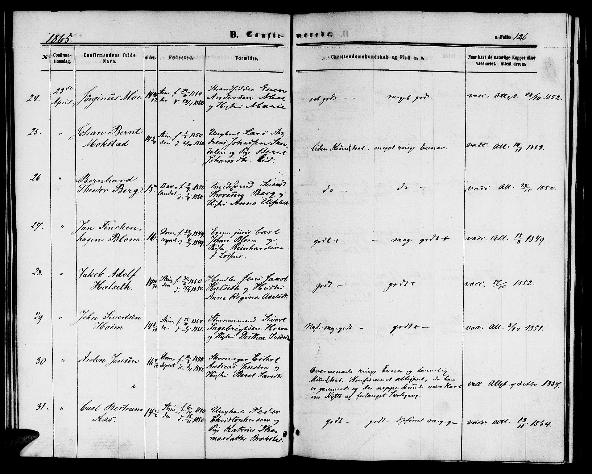 Ministerialprotokoller, klokkerbøker og fødselsregistre - Sør-Trøndelag, AV/SAT-A-1456/604/L0185: Parish register (official) no. 604A06, 1861-1865, p. 126