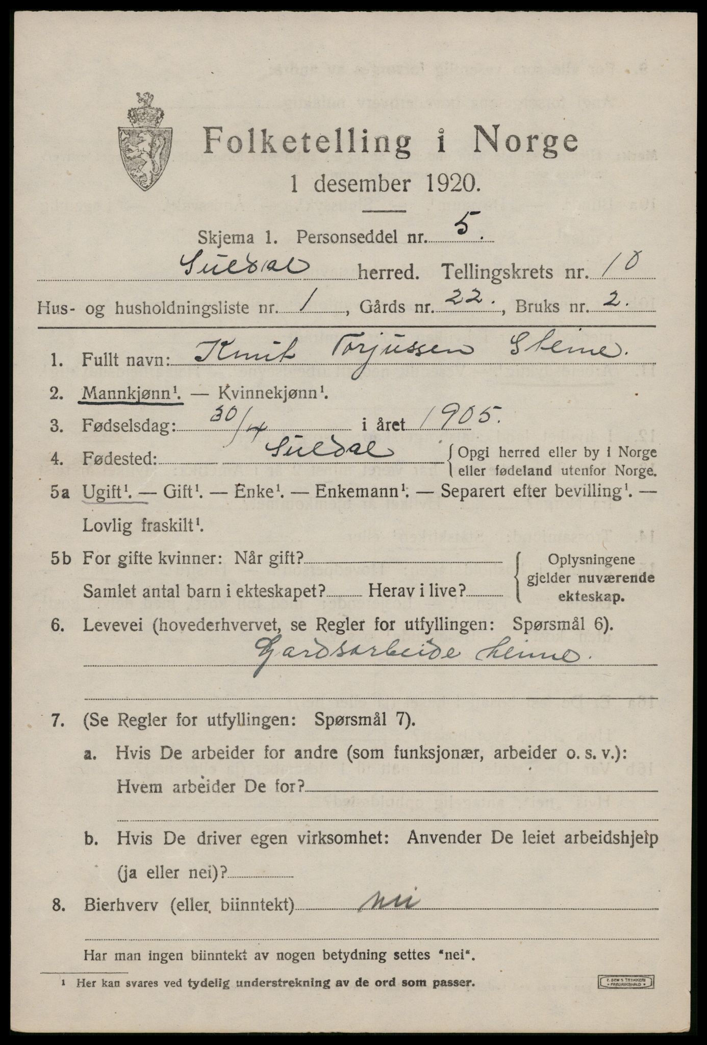 SAST, 1920 census for Suldal, 1920, p. 2712