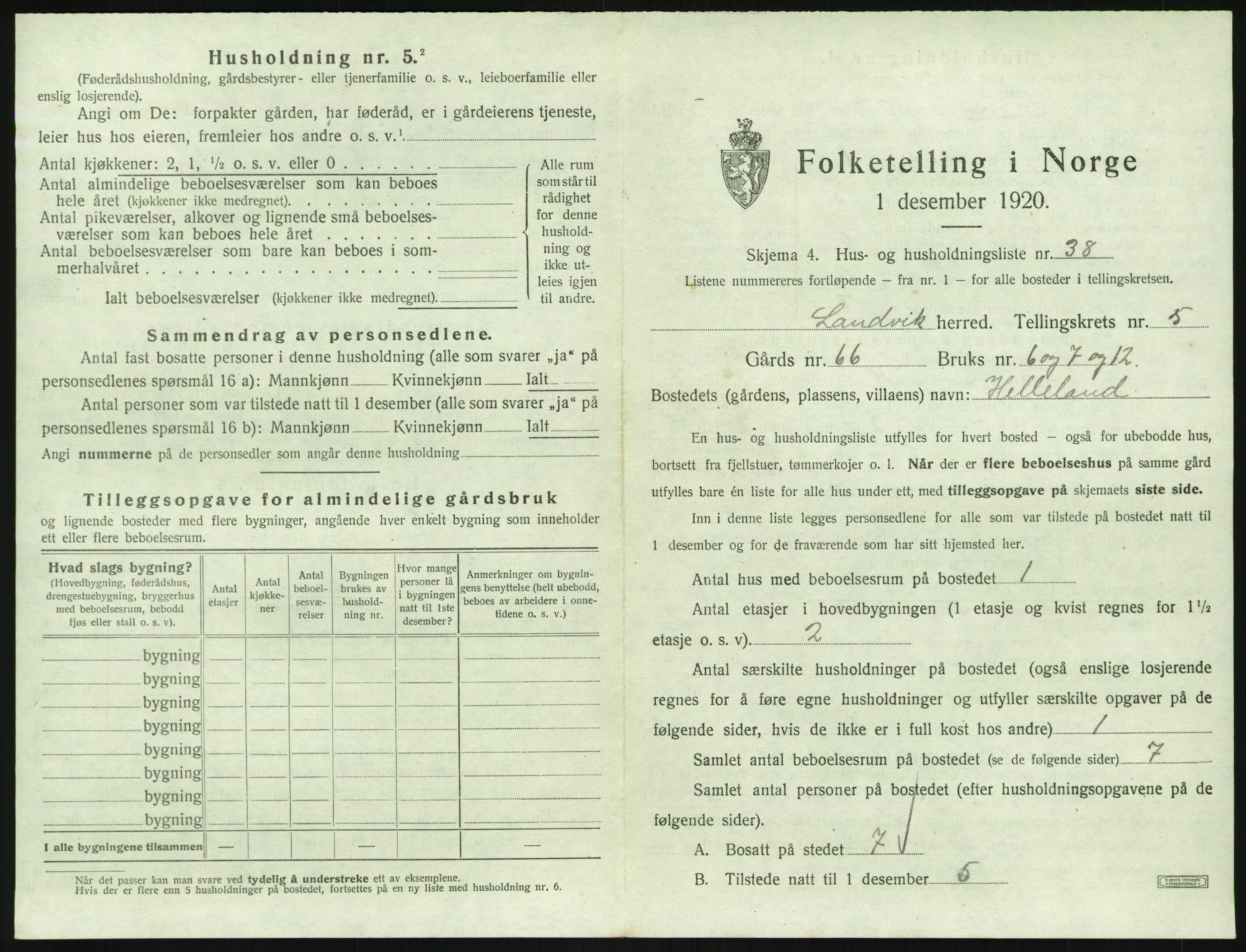 SAK, 1920 census for Landvik, 1920, p. 826