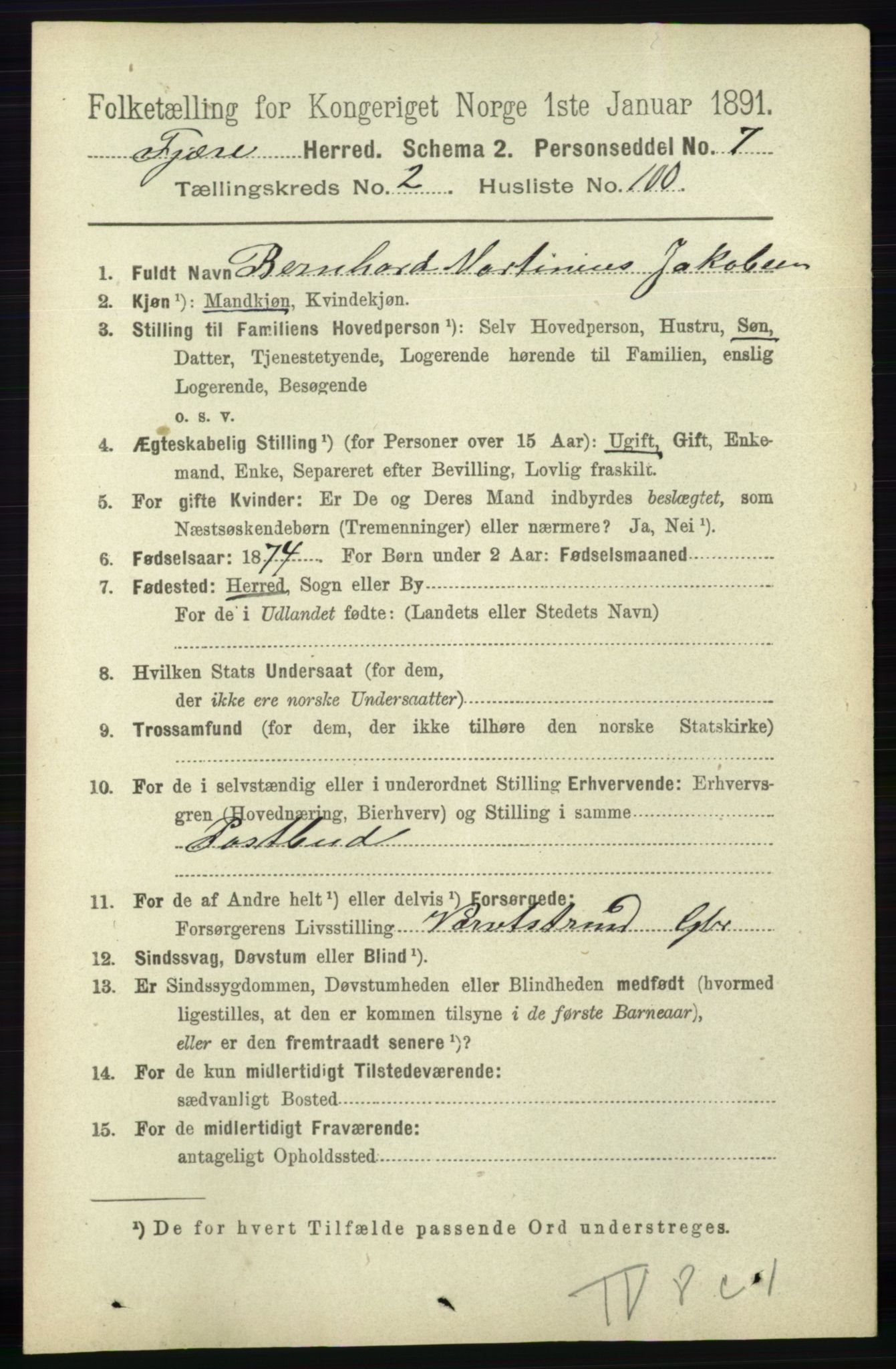 RA, 1891 census for 0923 Fjære, 1891, p. 1303