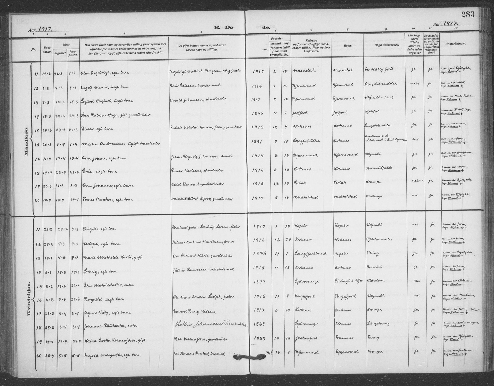 Sør-Varanger sokneprestkontor, AV/SATØ-S-1331/H/Ha/L0005kirke: Parish register (official) no. 5, 1909-1919, p. 283