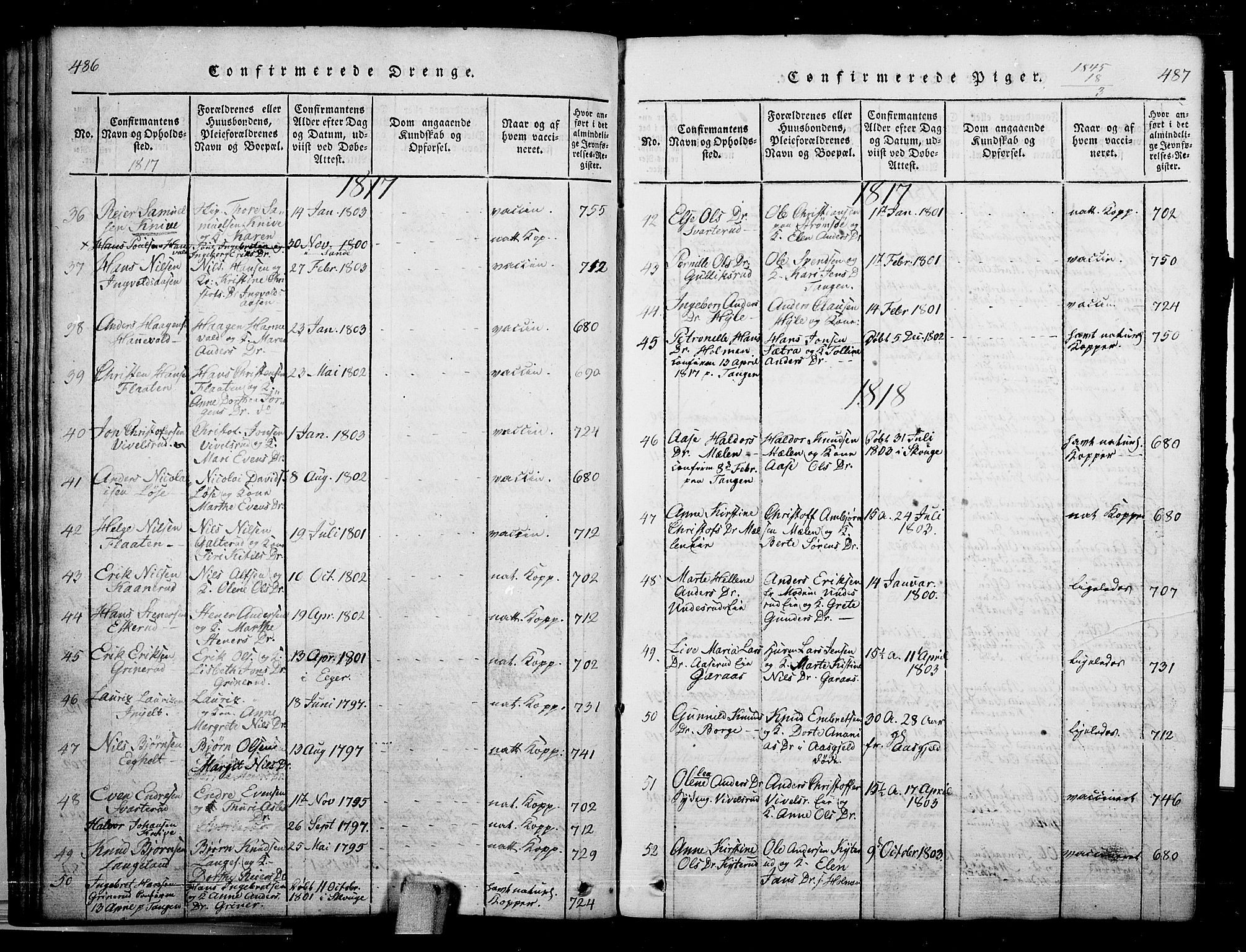 Skoger kirkebøker, SAKO/A-59/G/Ga/L0001: Parish register (copy) no. I 1, 1814-1845, p. 486-487