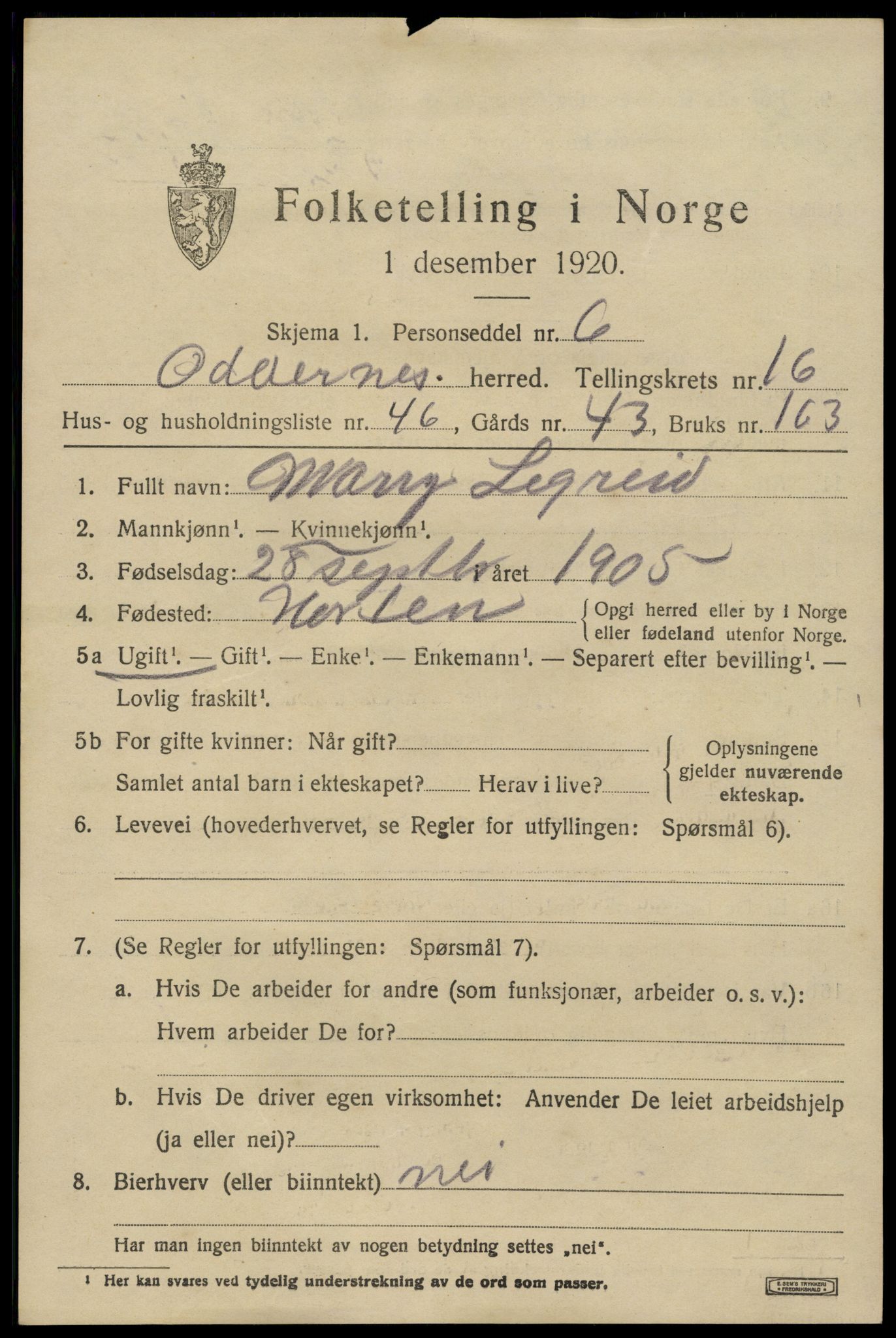 SAK, 1920 census for Oddernes, 1920, p. 11805