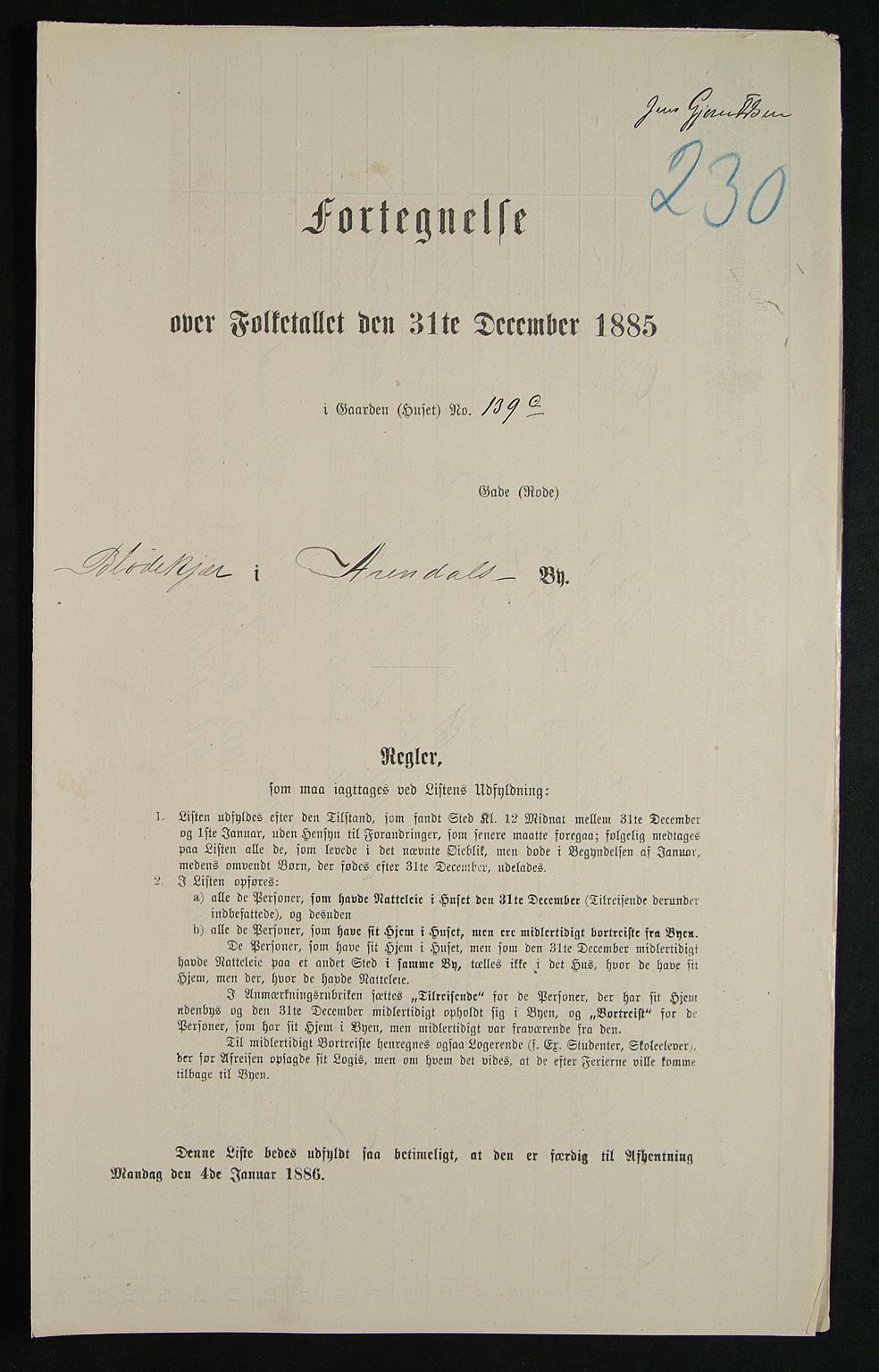 SAK, 1885 census for 0903 Arendal, 1885, p. 230