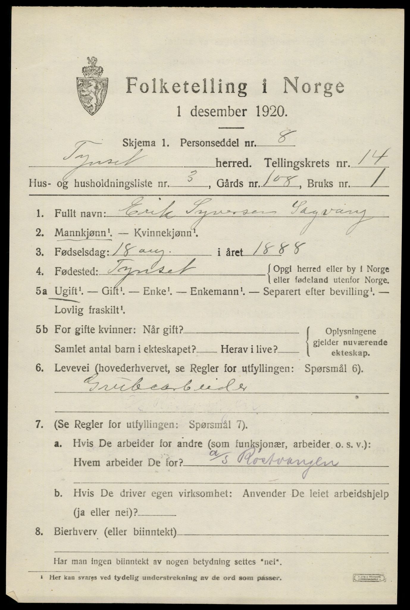 SAH, 1920 census for Tynset, 1920, p. 8962